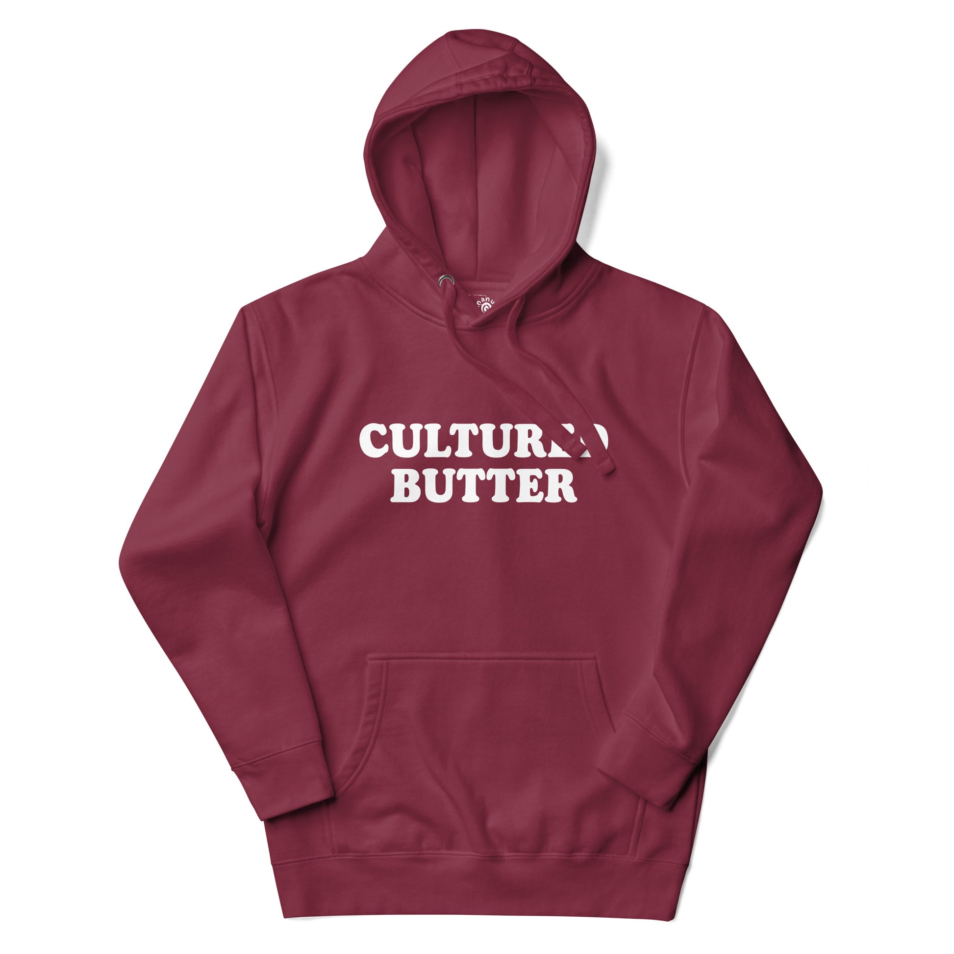 Maroon Cultured Butter Hoodie from Nina's Funky Shop by Ninanush - Do you love butter? Looking for a funny gift for a friend? Our Colorful Cultured Butter Hoodie is soft, comfortable and just what you need. It's a unisex hoodie that comes in a variety of colors with "cultured butter", expertly printed on the front. This cultured butter enthusiast hoodie is bold and made just for you.