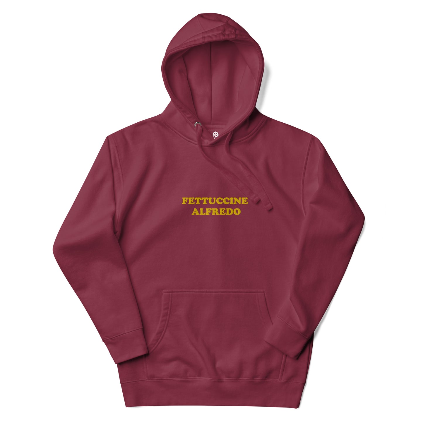 Maroon sweatshirt with Yellow Fettuccine Alfredo Embroidery from Nina's Funky Shop - Do you love fettuccine Alfredo? Looking for a funny gift for a fettuccine enthusiast? Our Colorful Fettuccine Alfredo Hoodie is just what you need. It's a unisex hoodie with "Fettuccine Alfredo", expertly embroidered on the front. A funny hoodie for cozy nights in or quirky everyday streetwear.