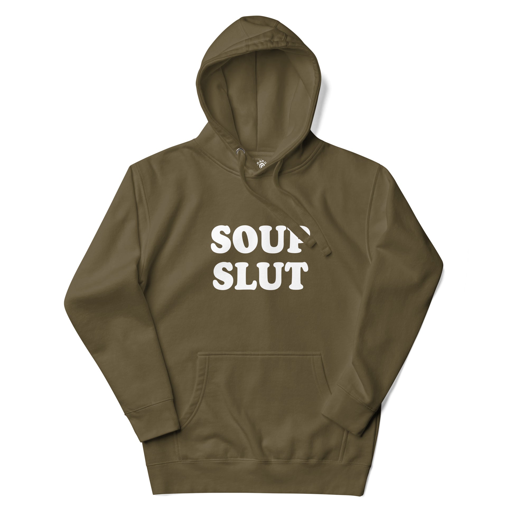 Army Green Soup Slut Hoodie from Nina's Funky Shop by ninanush - Do you love soup? Looking for a funny gift for a friend? Our Colorful Soup Slut Hoodie is soft, comfortable and just what you need. It's a unisex soup lover hoodie with "soup slut" on the front. A funny soup hoodie for cozy nights in or stand out streetwear for foodies. This soup enthusiast sweatshirt is made just for you.