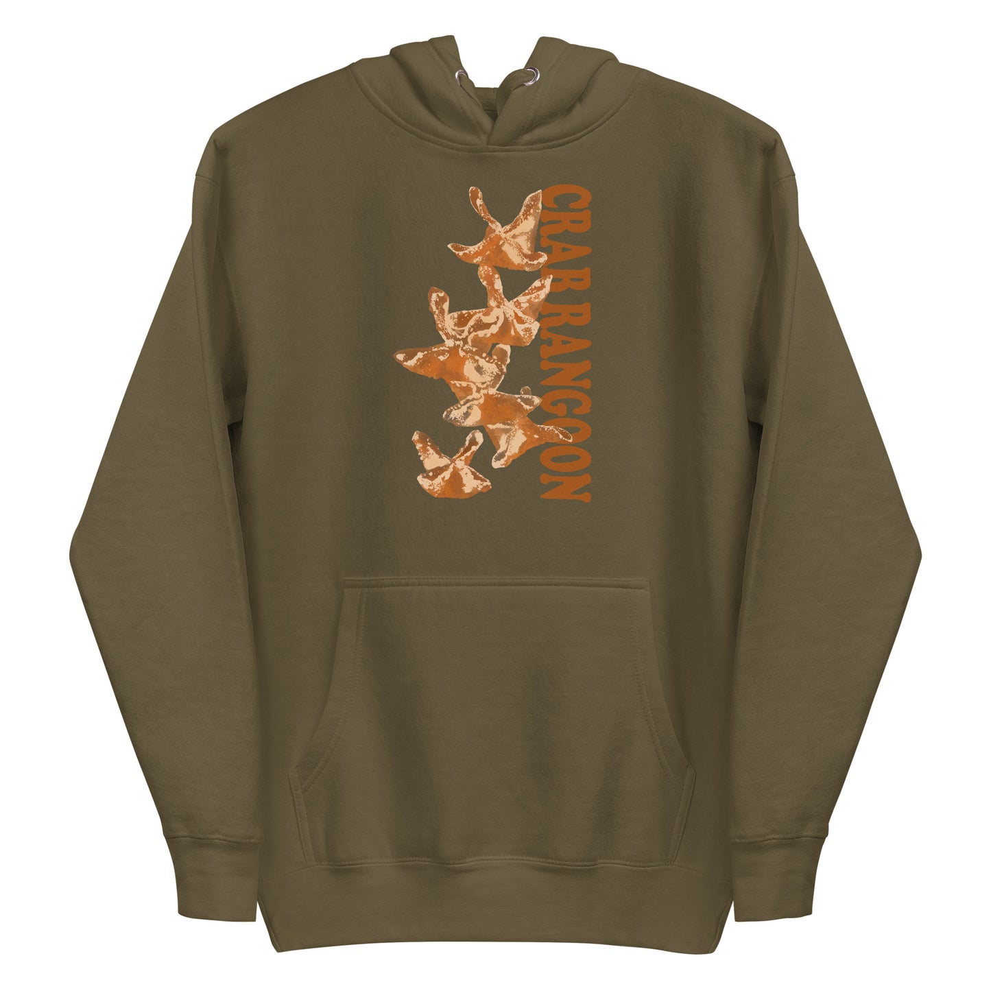 Army Green Crab Rangoon Hoodie from Nina's Funky Shop by ninanush - Do you love crab Rangoon? Looking for a funny gift for a friend? Our Colorful Crab Rangoon Hoodie is soft, comfortable and just what you need. It's a unisex hoodie that comes in a variety of colors with a unique, hand drawn crab Rangoon design, expertly printed on the front. This crab Rangoon enthusiast hoodie is bold and made just for you.