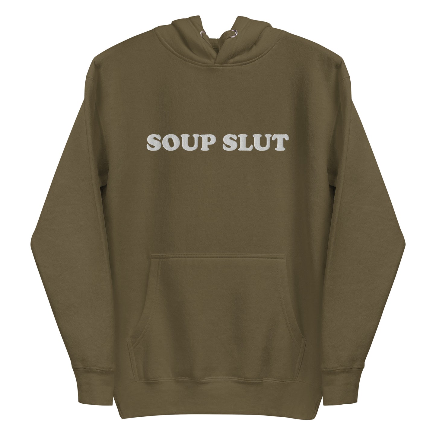 Army Green Soup Slut Hoodie - It's always soup season! This Soup Slut Hoodie is soft, comfortable and just what you need. It's a unisex hoodie that comes in a variety of colors with "Soup Slut", expertly embroidered on the front. It's the perfect hoodie for soup season, designed by Nina and made just for you. Celebrate your favorite foods in our funky foodie clothing and accessories!