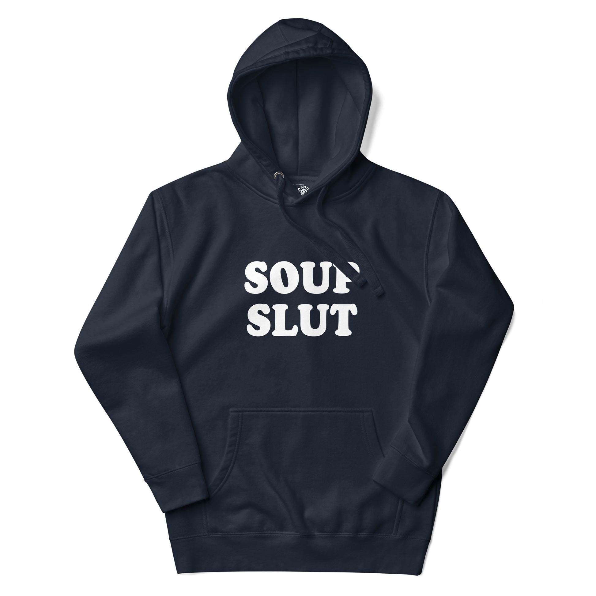 Navy Soup Slut Hoodie from Nina's Funky Shop by ninanush - Do you love soup? Looking for a funny gift for a friend? Our Colorful Soup Slut Hoodie is soft, comfortable and just what you need. It's a unisex soup lover hoodie with "soup slut" on the front. A funny soup hoodie for cozy nights in or stand out streetwear for foodies. This soup enthusiast sweatshirt is made just for you.