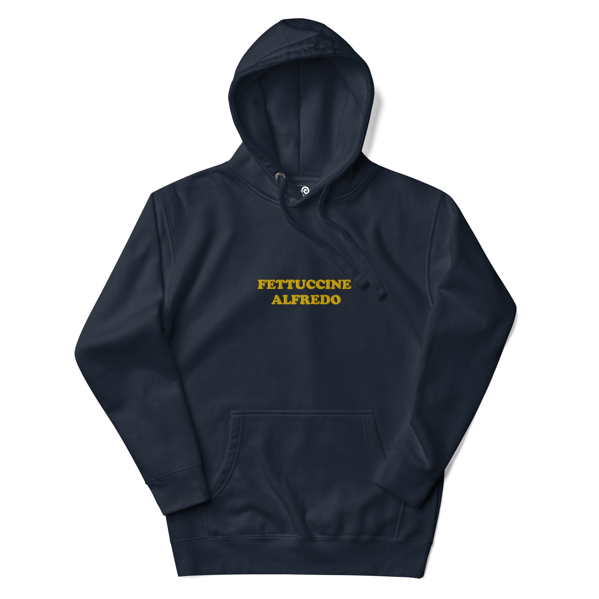 Navy sweatshirt with Yellow Fettuccine Alfredo Embroidery from Nina's Funky Shop - Do you love fettuccine Alfredo? Looking for a funny gift for a fettuccine enthusiast? Our Colorful Fettuccine Alfredo Hoodie is just what you need. It's a unisex hoodie with "Fettuccine Alfredo", expertly embroidered on the front. A funny hoodie for cozy nights in or quirky everyday streetwear.