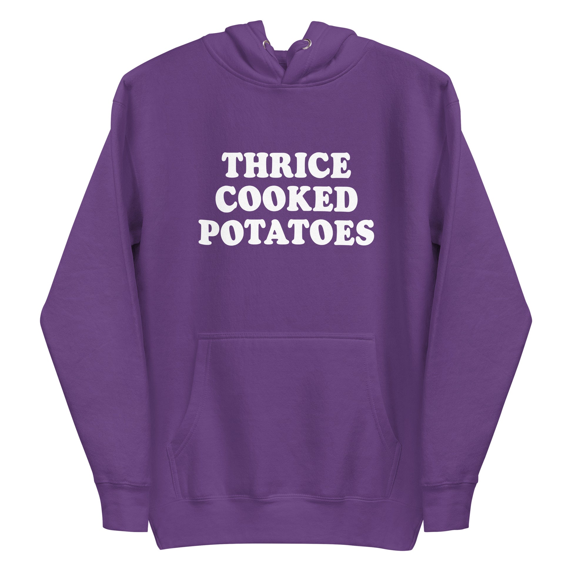 Purple Thrice Cooked Potatoes Hoodie from Nina's Funky Shop by ninanush - Love potatoes? Looking for a funny gift for a friend? Our Thrice Cooked Potatoes Hoodie is just what you need. It's a unisex hoodie with "Thrice Cooked Potatoes" on the front. A funny foodie hoodie for cozy nights in or funky stand out streetwear. This funny potato enthusiast hoodie is made just for you.