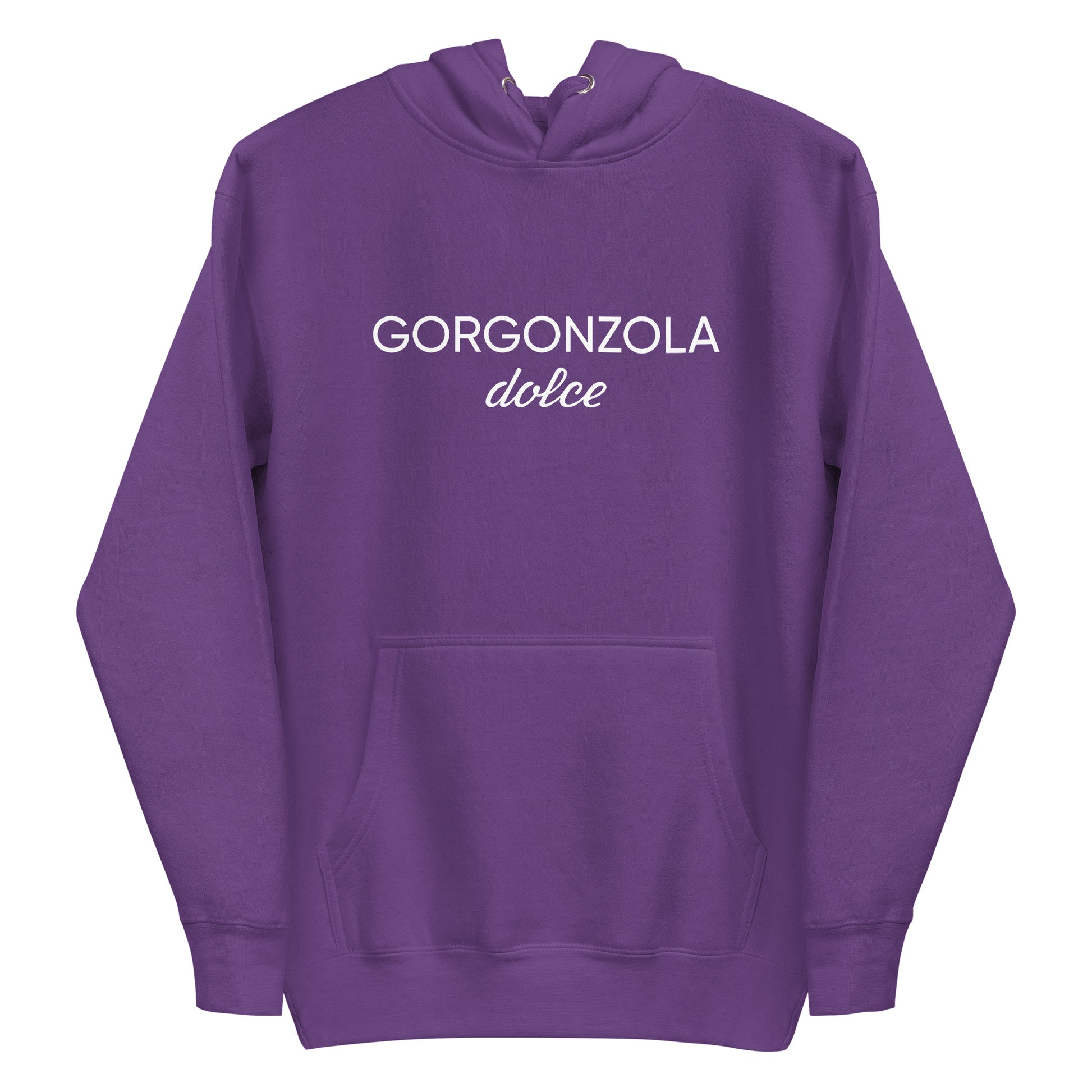 Purple  Gorgonzola Dolce Hoodie from Nina's Funky Shop by ninanush - Love Gorgonzola? Looking for a funny Foodie Gift? Our Gorgonzola Dolce Hoodie is soft, comfortable and just what you need. It's a unisex hoodie that comes in a variety of colors with "Gorgonzola Dolce" on the front. A funny foodie hoodie for cozy nights in or funky stand out streetwear for Gorgonzola aficionados.