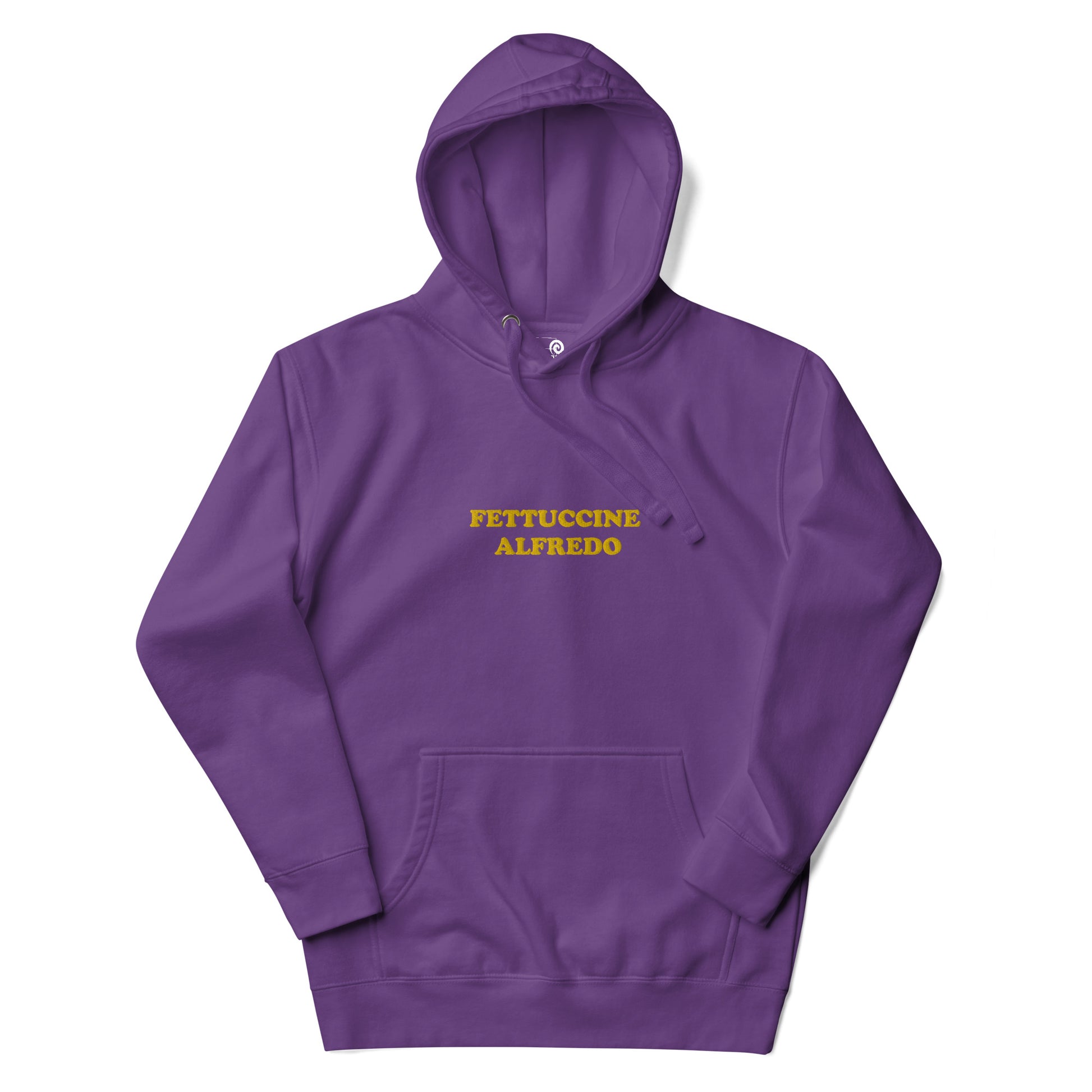 Purple sweatshirt with Yellow Fettuccine Alfredo Embroidery from Nina's Funky Shop - Do you love fettuccine Alfredo? Looking for a funny gift for a fettuccine enthusiast? Our Colorful Fettuccine Alfredo Hoodie is just what you need. It's a unisex hoodie with "Fettuccine Alfredo", expertly embroidered on the front. A funny hoodie for cozy nights in or quirky everyday streetwear.