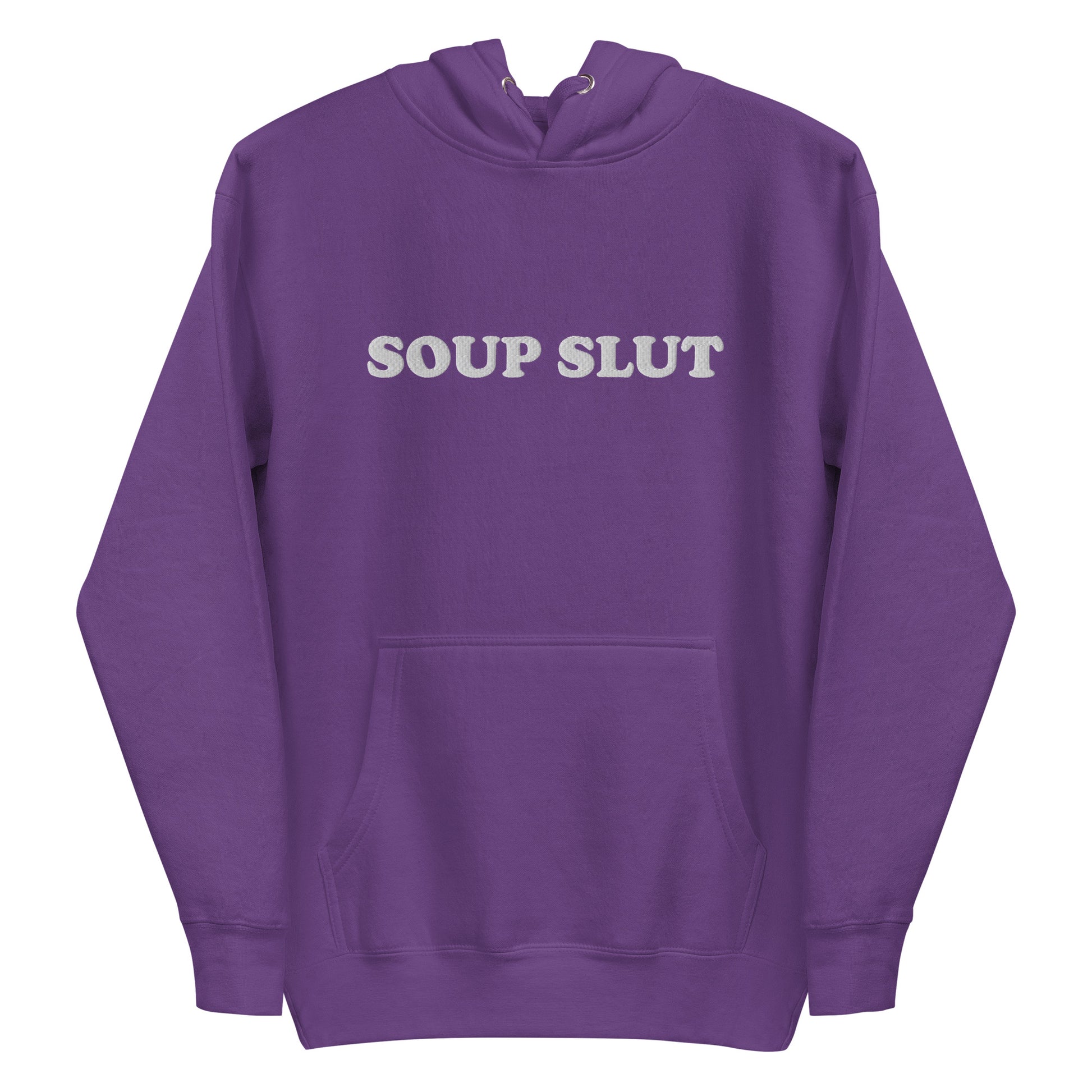 Purple Soup Slut Hoodie - It's always soup season! This Soup Slut Hoodie is soft, comfortable and just what you need. It's a unisex hoodie that comes in a variety of colors with "Soup Slut", expertly embroidered on the front. It's the perfect hoodie for soup season, designed by Nina and made just for you. Celebrate your favorite foods in our funky foodie clothing and accessories! 