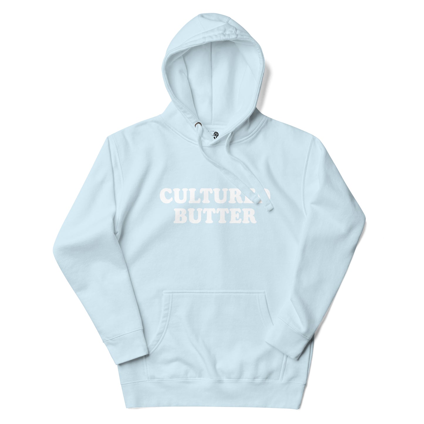 Light Blue Cultured Butter Hoodie from Nina's Funky Shop by Ninanush - Do you love butter? Looking for a funny gift for a friend? Our Colorful Cultured Butter Hoodie is soft, comfortable and just what you need. It's a unisex hoodie that comes in a variety of colors with "cultured butter", expertly printed on the front. This cultured butter enthusiast hoodie is bold and made just for you.