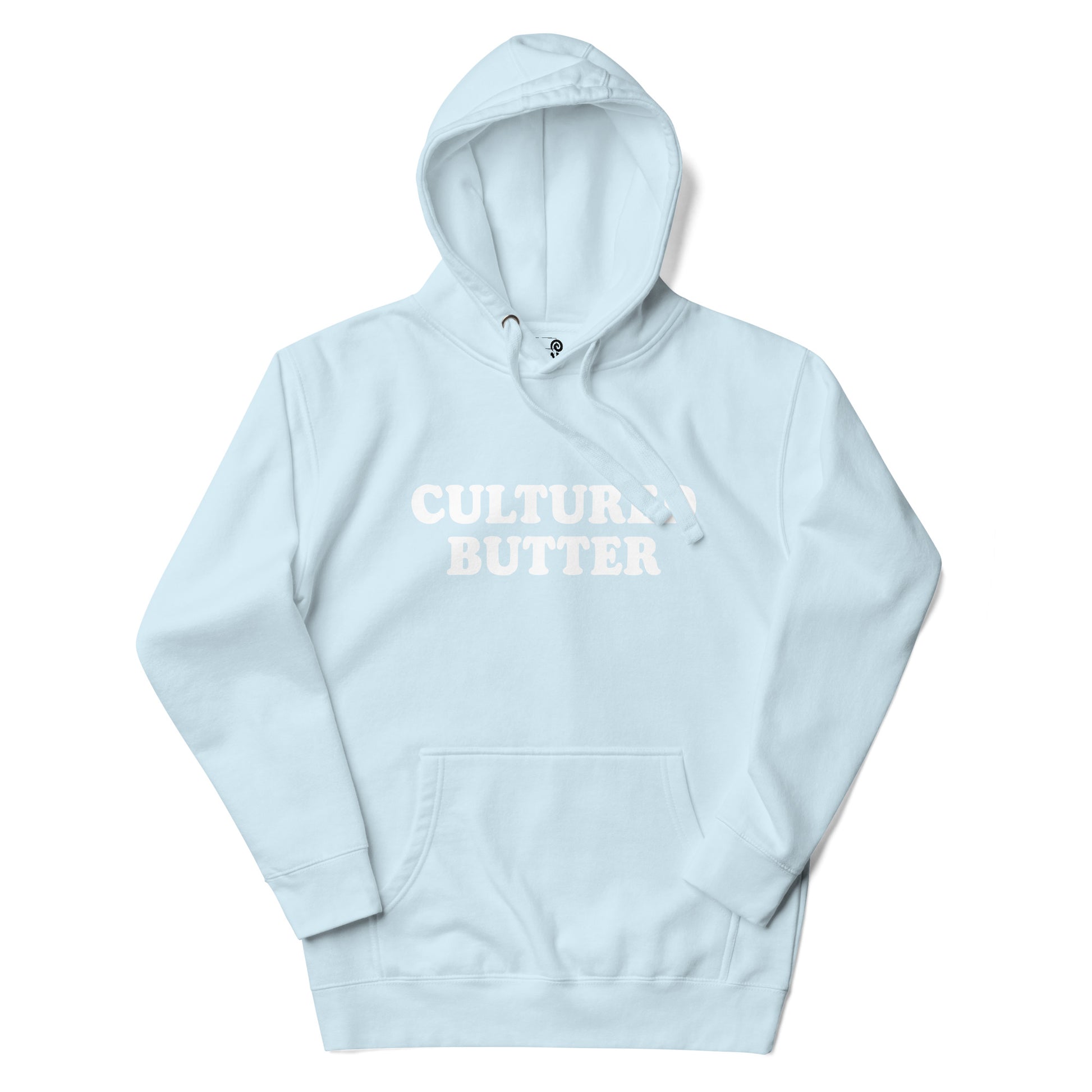 Light Blue Cultured Butter Hoodie from Nina's Funky Shop by Ninanush - Do you love butter? Looking for a funny gift for a friend? Our Colorful Cultured Butter Hoodie is soft, comfortable and just what you need. It's a unisex hoodie that comes in a variety of colors with "cultured butter", expertly printed on the front. This cultured butter enthusiast hoodie is bold and made just for you.