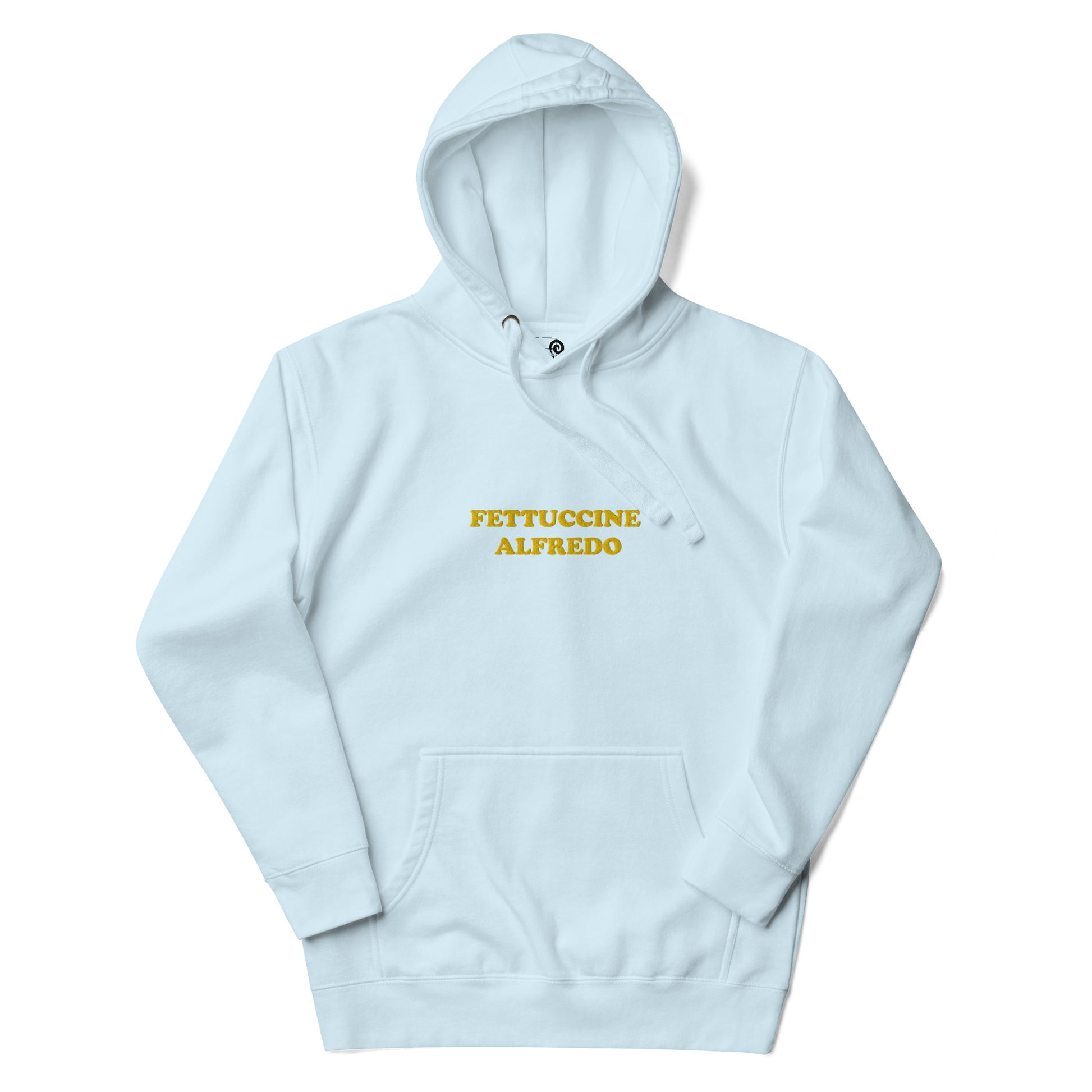 Light Blue sweatshirt with Yellow Fettuccine Alfredo Embroidery from Nina's Funky Shop - Do you love fettuccine Alfredo? Looking for a funny gift for a fettuccine enthusiast? Our Colorful Fettuccine Alfredo Hoodie is just what you need. It's a unisex hoodie with "Fettuccine Alfredo", expertly embroidered on the front. A funny hoodie for cozy nights in or quirky everyday streetwear.