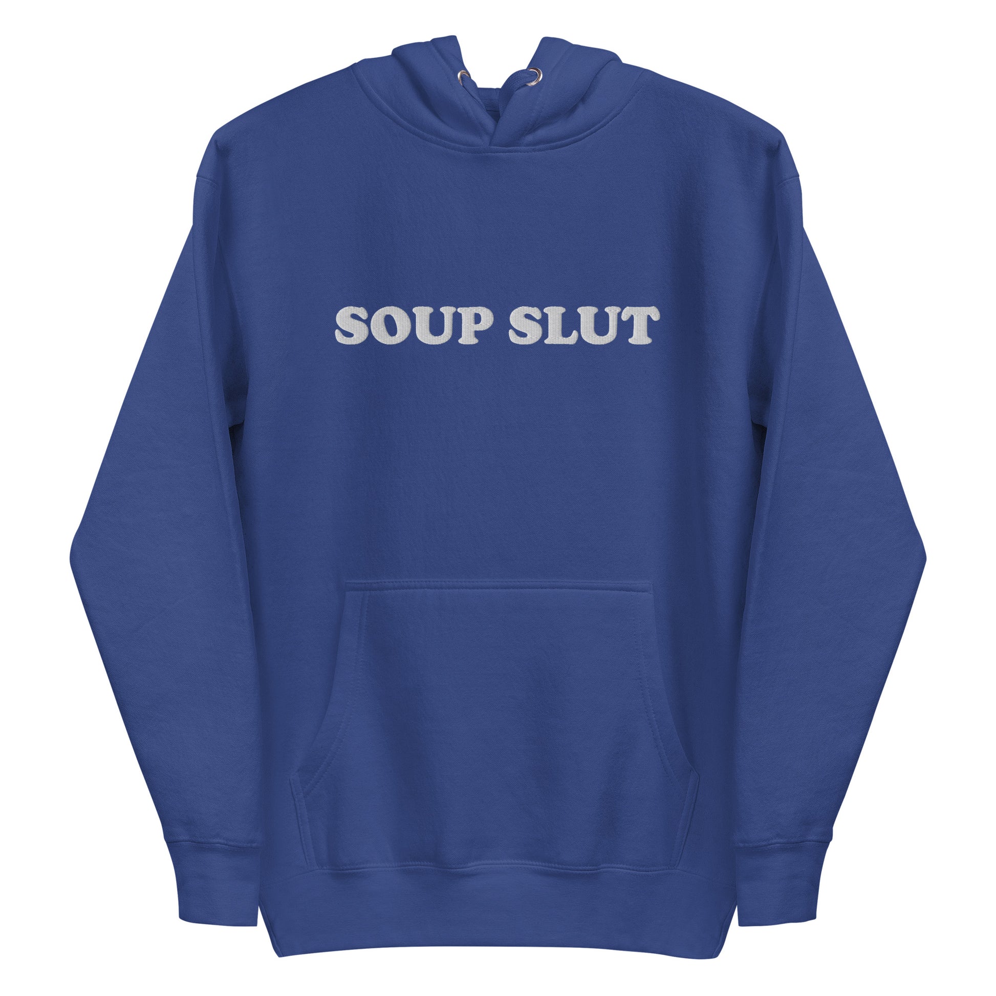 Blue Soup Slut Hoodie - It's always soup season! This Soup Slut Hoodie is soft, comfortable and just what you need. It's a unisex hoodie that comes in a variety of colors with "Soup Slut", expertly embroidered on the front. It's the perfect hoodie for soup season, designed by Nina and made just for you. Celebrate your favorite foods in our funky foodie clothing and accessories!