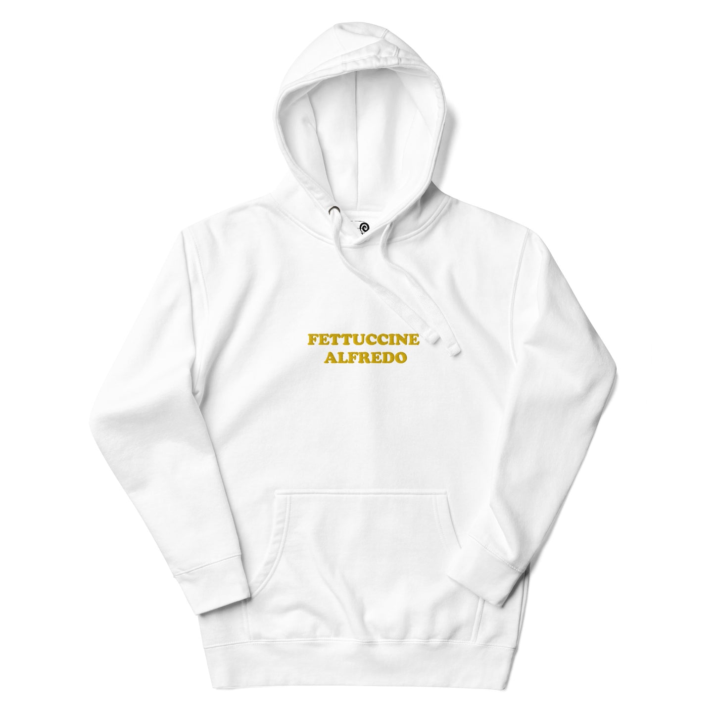 White sweatshirt with Yellow Fettuccine Alfredo Embroidery from Nina's Funky Shop - Do you love fettuccine Alfredo? Looking for a funny gift for a fettuccine enthusiast? Our Colorful Fettuccine Alfredo Hoodie is just what you need. It's a unisex hoodie with "Fettuccine Alfredo", expertly embroidered on the front. A funny hoodie for cozy nights in or quirky everyday streetwear.