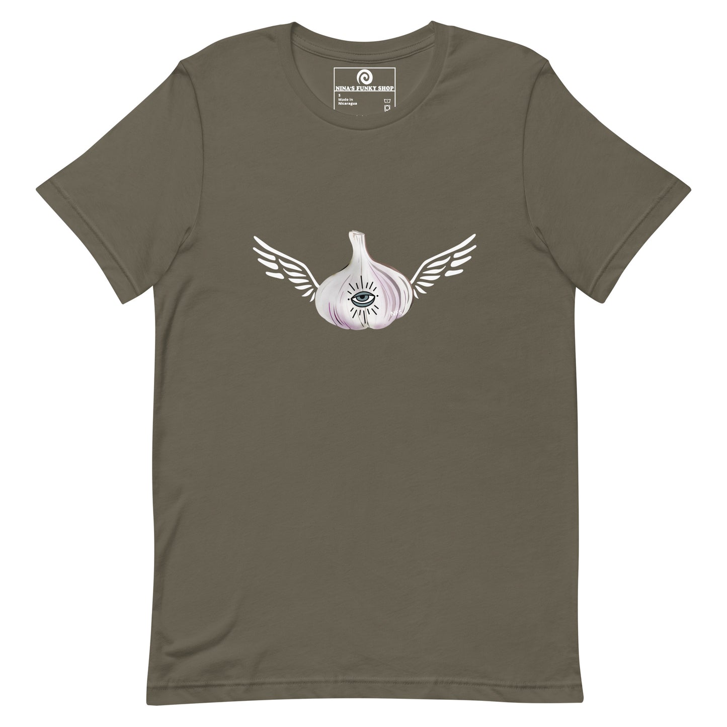 Army Garlic T-shirt - Do you love garlic? Looking for a gift for your favorite garlic enthusiast? This Angel Garlic T-shirt is just what you need! It's a soft and comfortable tee with a funky hand drawn garlic design, expertly printed on the front. Celebrate your favorite foods in our funky foodie clothing, designed by Nina and made just for you.