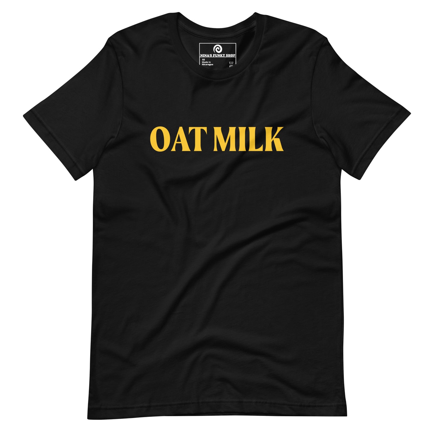 Black Oat Milk T-shirt - Are you an oat milk enthusiast? Looking for a funny gift for a dairy free friend? Our Oat Milk T-shirt is soft, comfortable and just what you need. It's a unisex t-shirt that comes in a variety of colors with "oat milk", on the front. A funny t-shirt for plant based babes and foodies of all kinds. Celebrate your favorite foods in our funky foodie apparel. Designed by Nina and made just for you!