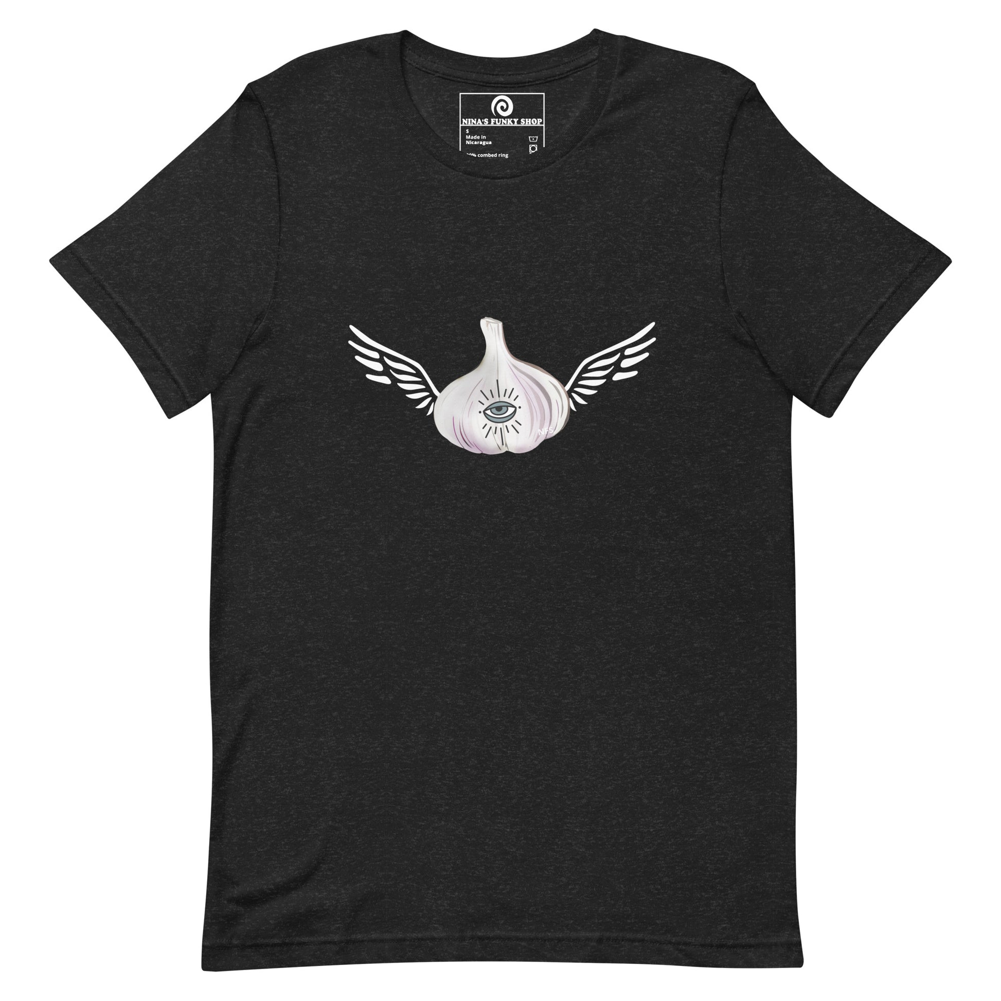 Gray Garlic T-shirt - Do you love garlic? Looking for a gift for your favorite garlic enthusiast? This Angel Garlic T-shirt is just what you need! It's a soft and comfortable tee with a funky hand drawn garlic design, expertly printed on the front. Celebrate your favorite foods in our funky foodie clothing, designed by Nina and made just for you.