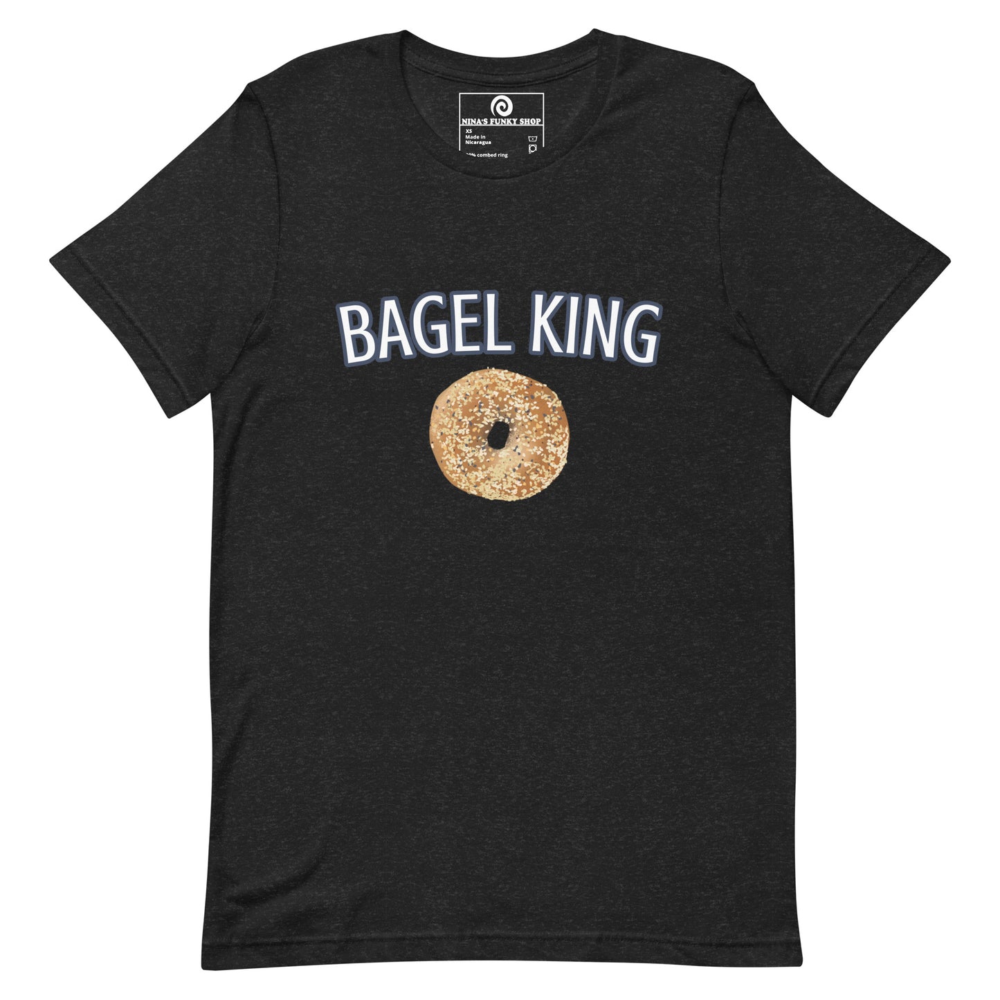 Gray Everything Bagel T-shirt - Calling all bagel kings and queens! Looking for your new favorite shirt? A Gift for a fellow bagel enthusiast? This bagel t-shirt comes in a variety of colors with "bagel king" and a hand drawn everything bagel design, on the front. The perfect graphic tee for bagel lovers and foodies of all kinds.