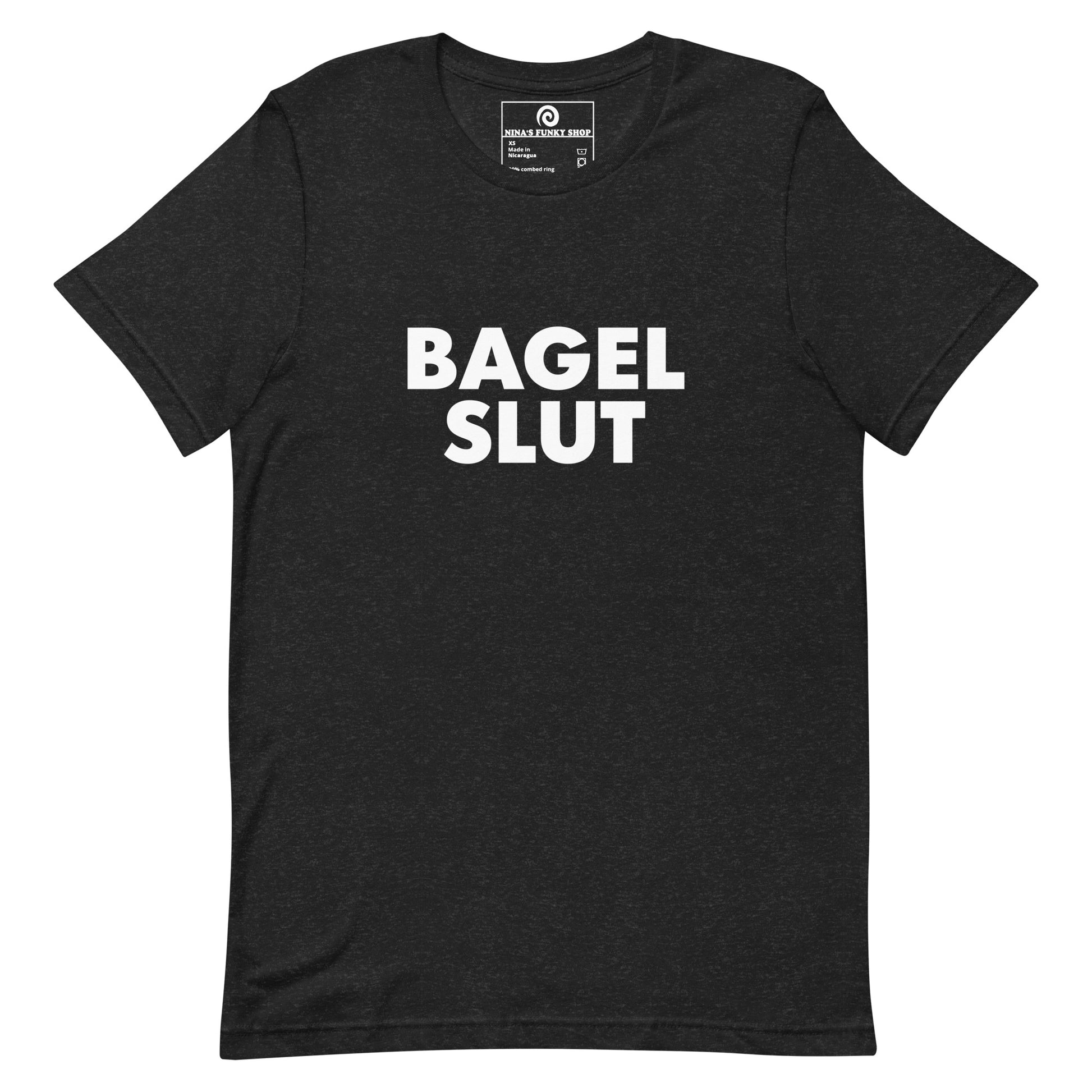 Black Bagel Slut T-Shirt - Our Bagel Slut T-shirt is soft, comfortable and just what you need. It's a unisex t-shirt that comes in a variety of colors with a funny foodie design, expertly printed on the front. Stand out in our sarcastic t-shirts and celebrate your favorite foods in our funky foodie apparel. Designed by Nina and made just for you! Looking for something personalized? Shoot us an email!