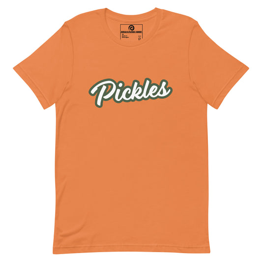 Orange Pickles T-shirt - This pickles t-shirt is soft, comfortable and perfect for foodies of all kinds. It comes in a variety of colors with "Pickles", expertly printed on the front. Eat your favorite pickles in style or give this funny food tee as a gift for a pickle lover. This t-shirt is customizable!