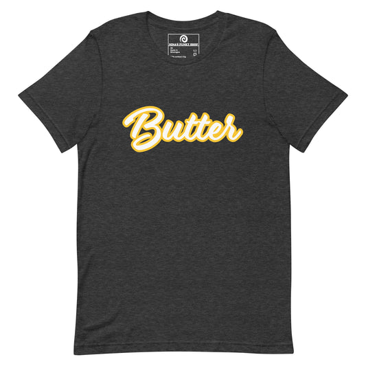 Gray T-Shirt with Funny Food Design - Are you a butter enthusiast? Looking for a unique gift? This butter t-shirt is soft, comfortable and perfect for foodies of all kinds. It comes in a variety of colors with "Butter", expertly printed across the front. Eat your favorite foods in style or give this funny food t-shirt as a gift for a fellow butter lover. 