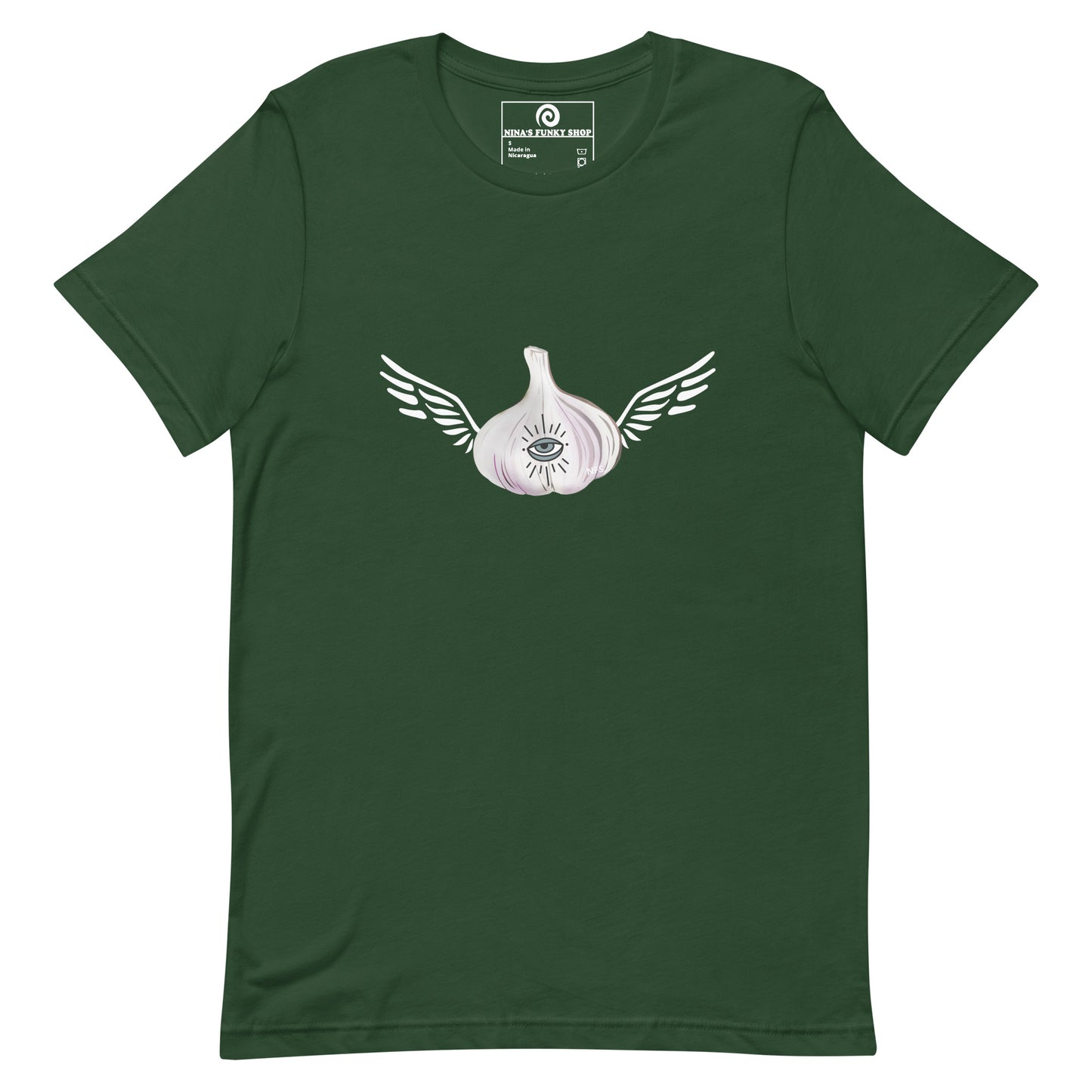 Green Garlic T-shirt - Do you love garlic? Looking for a gift for your favorite garlic enthusiast? This Angel Garlic T-shirt is just what you need! It's a soft and comfortable tee with a funky hand drawn garlic design, expertly printed on the front. Celebrate your favorite foods in our funky foodie clothing, designed by Nina and made just for you.