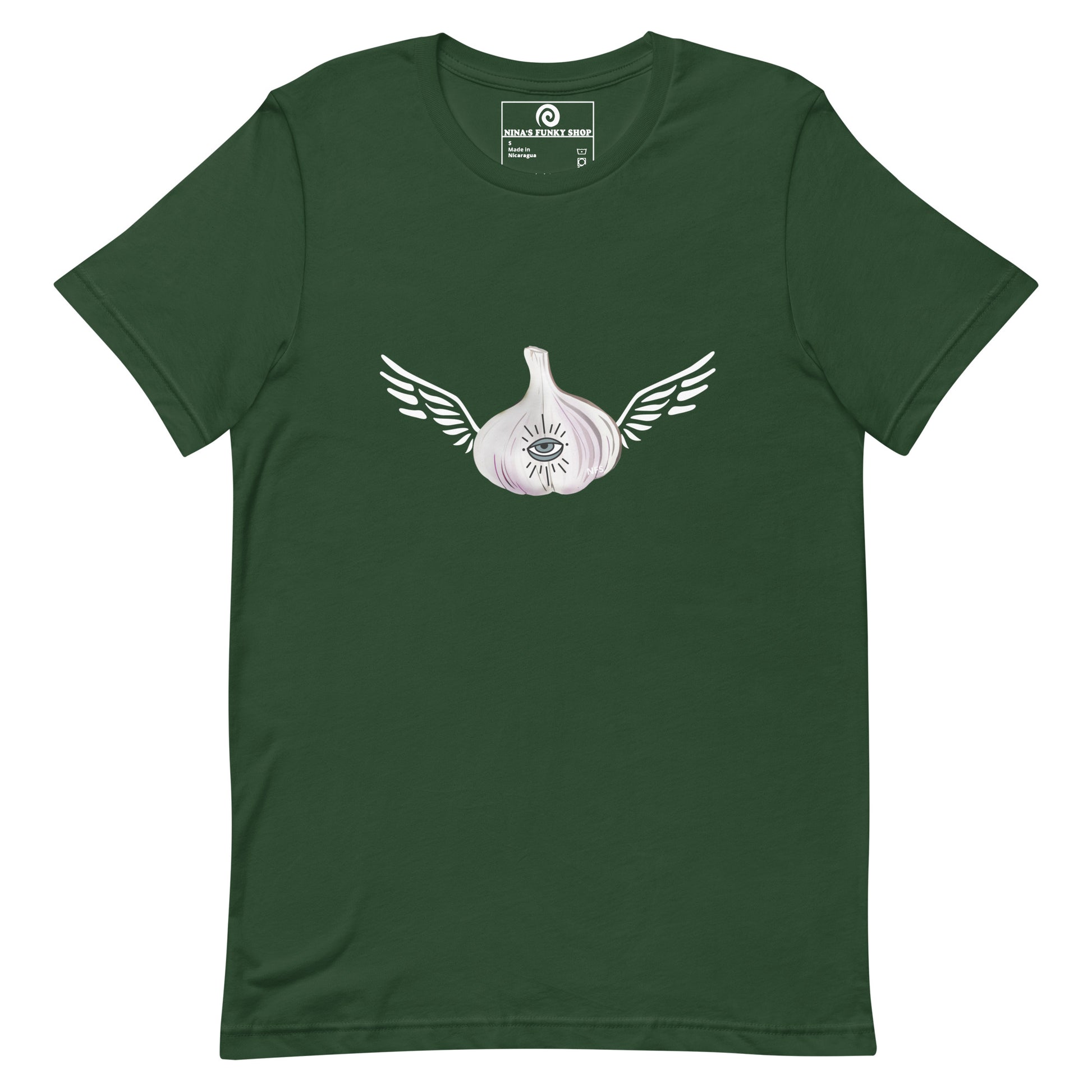 Green Garlic T-shirt - Do you love garlic? Looking for a gift for your favorite garlic enthusiast? This Angel Garlic T-shirt is just what you need! It's a soft and comfortable tee with a funky hand drawn garlic design, expertly printed on the front. Celebrate your favorite foods in our funky foodie clothing, designed by Nina and made just for you.