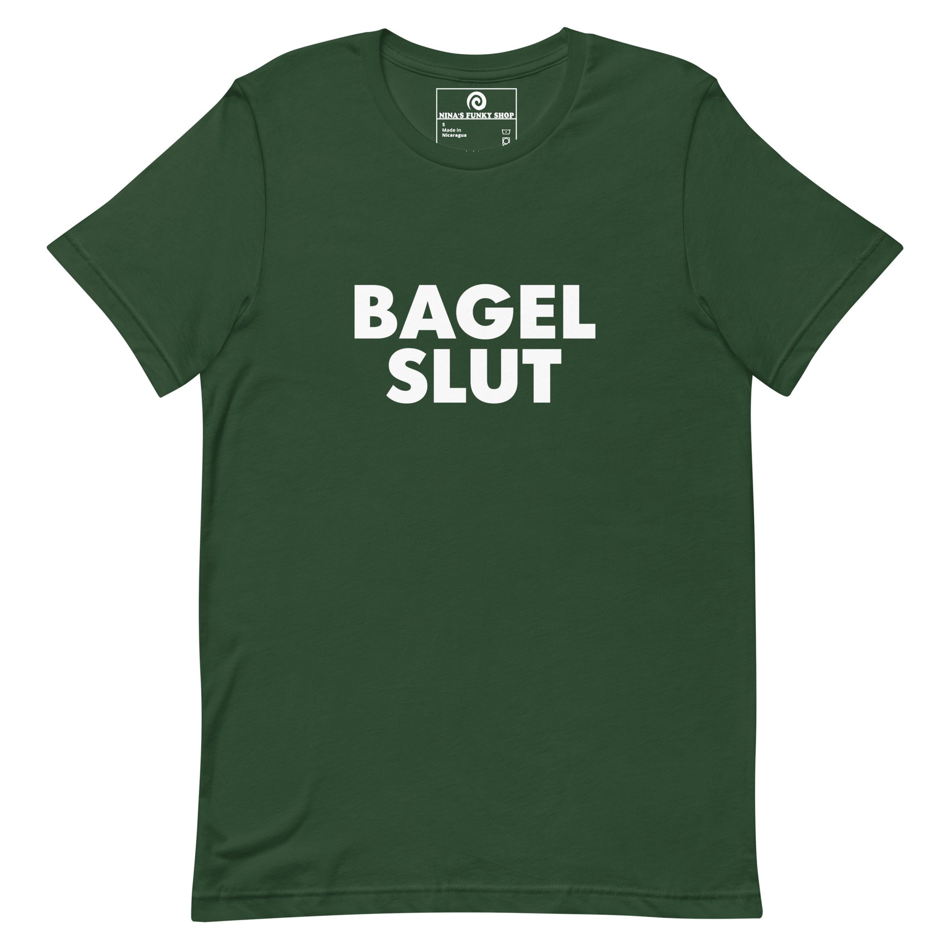 Green Bagel Slut T-Shirt - Our Bagel Slut T-shirt is soft, comfortable and just what you need. It's a unisex t-shirt that comes in a variety of colors with a funny foodie design, expertly printed on the front. Stand out in our sarcastic t-shirts and celebrate your favorite foods in our funky foodie apparel. Designed by Nina and made just for you! Looking for something personalized? Shoot us an email!