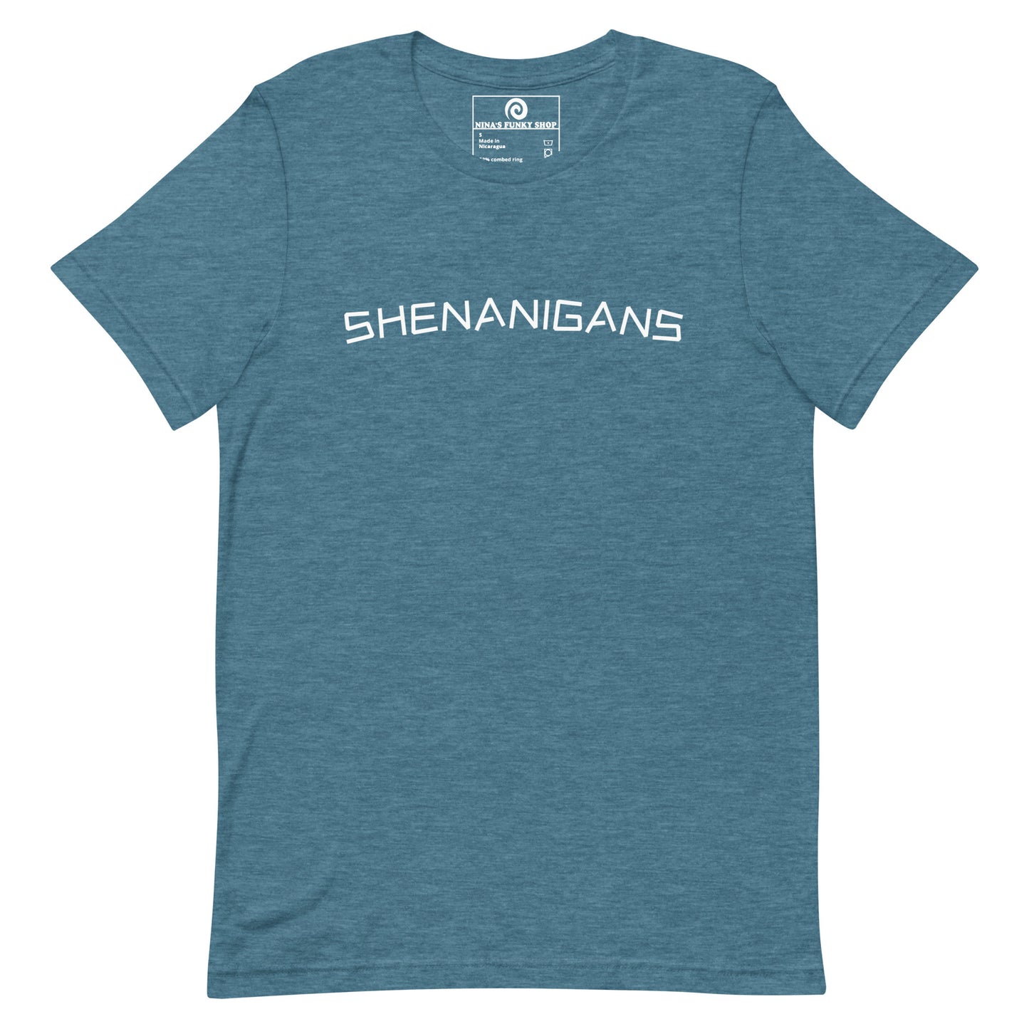 Heather Teal Shenanigans T-shirt - This shenanigans t-shirt is soft, comfortable and made just for you. Looking for something more personalized? Shoot us an email! Shop Nina's for funky apparel for foodies and beyond.