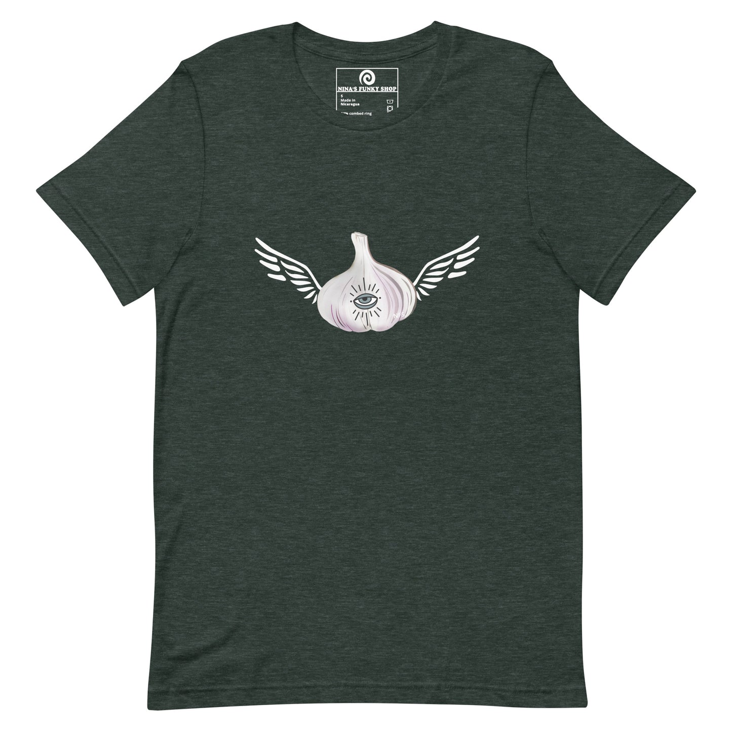 Dark Green Garlic T-shirt - Do you love garlic? Looking for a gift for your favorite garlic enthusiast? This Angel Garlic T-shirt is just what you need! It's a soft and comfortable tee with a funky hand drawn garlic design, expertly printed on the front. Celebrate your favorite foods in our funky foodie clothing, designed by Nina and made just for you.