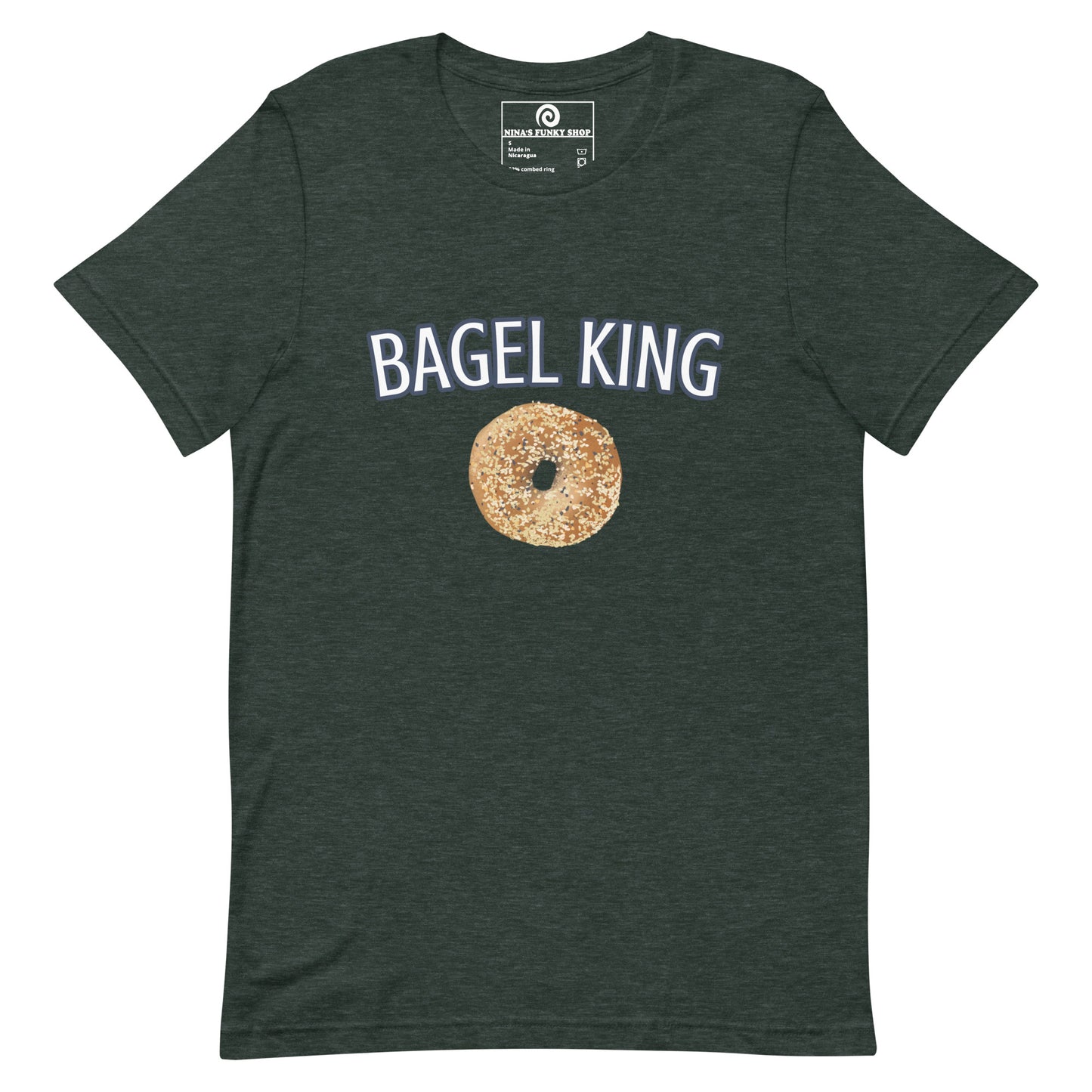 Forest Green Everything Bagel T-shirt - Calling all bagel kings and queens! Looking for your new favorite shirt? A Gift for a fellow bagel enthusiast? This bagel t-shirt comes in a variety of colors with "bagel king" and a hand drawn everything bagel design, on the front. The perfect graphic tee for bagel lovers and foodies of all kinds.