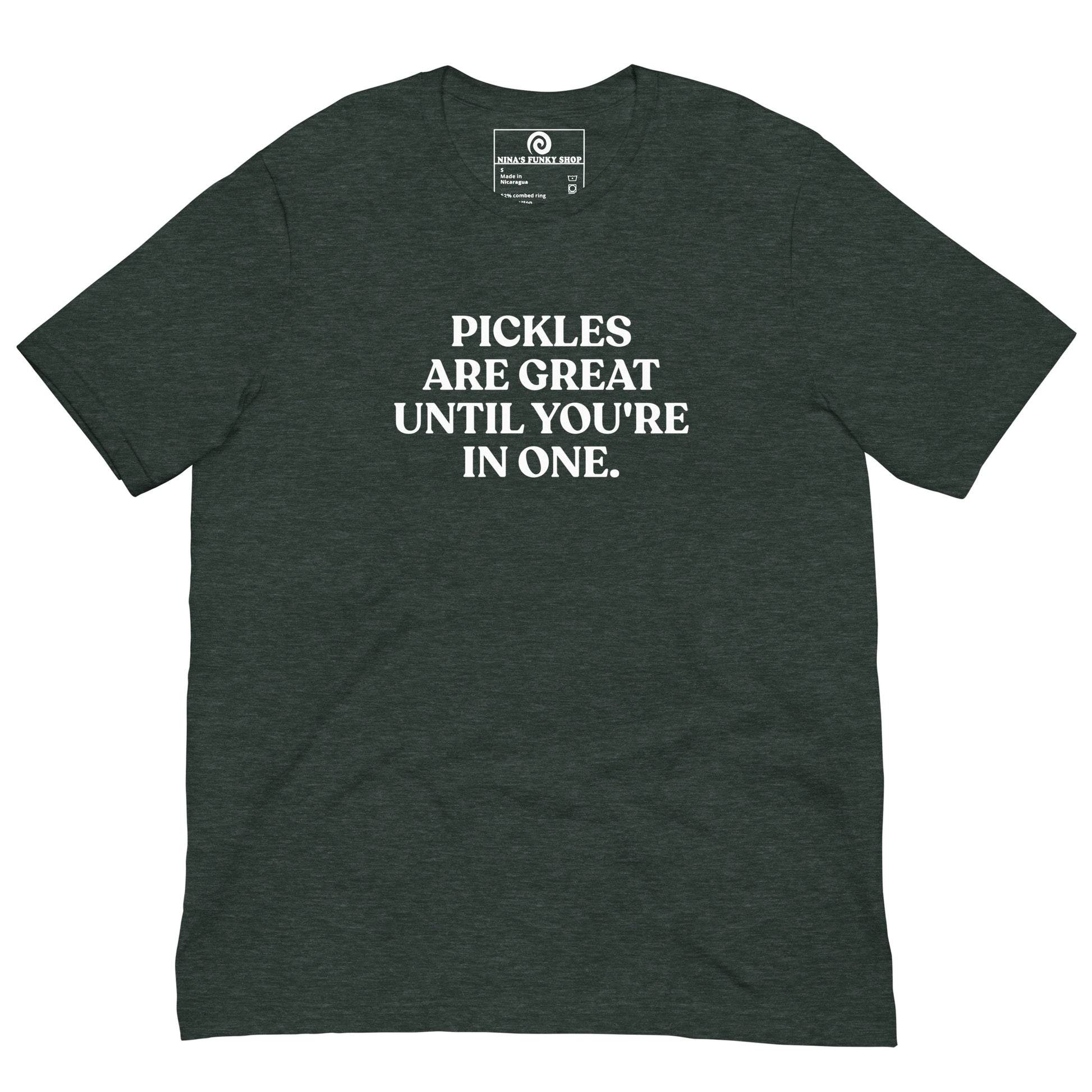 Dark Gray Green Pickle Saying Shirt - This funny pickle t-shirt is soft, comfortable and made just for you. It comes in a variety of colors with a pickle saying, expertly printed on the front. Eat pickles in style or give this pickle shirt as a gift for a pickle enthusiast!