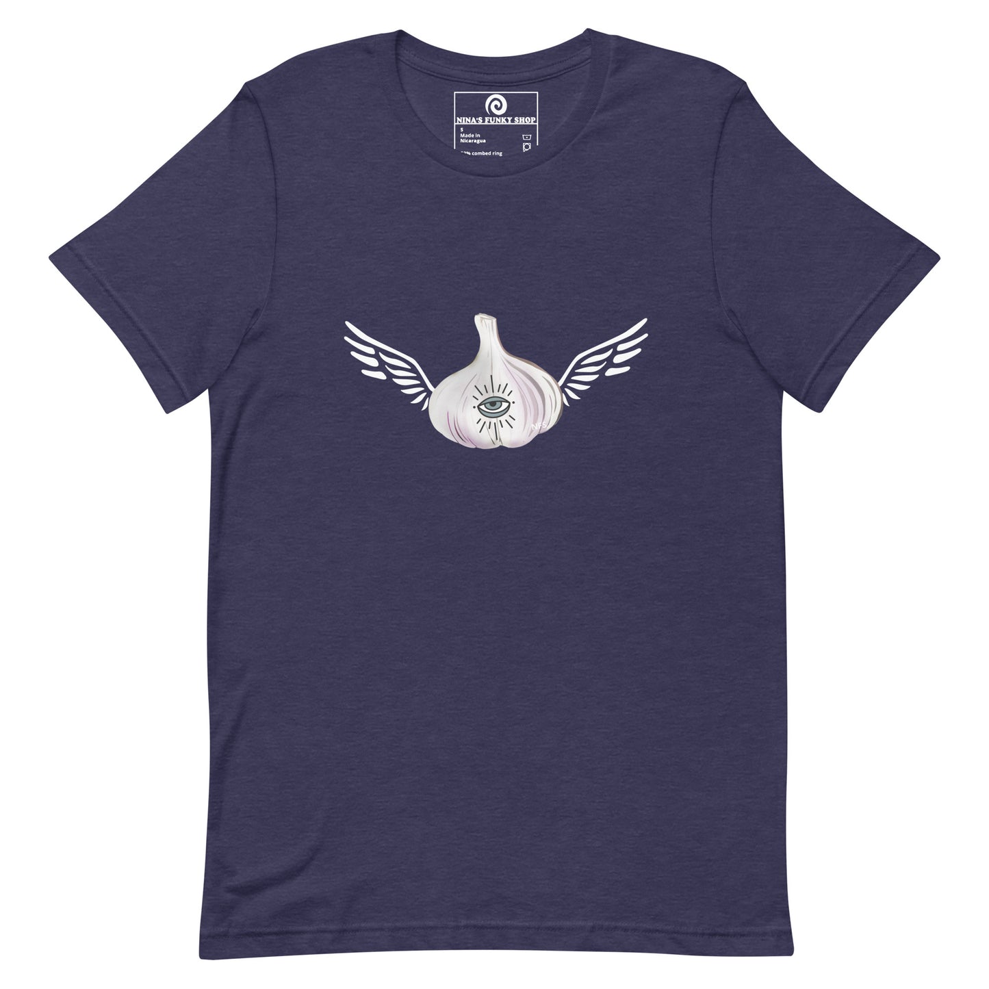 Navy Garlic T-shirt - Do you love garlic? Looking for a gift for your favorite garlic enthusiast? This Angel Garlic T-shirt is just what you need! It's a soft and comfortable tee with a funky hand drawn garlic design, expertly printed on the front. Celebrate your favorite foods in our funky foodie clothing, designed by Nina and made just for you.