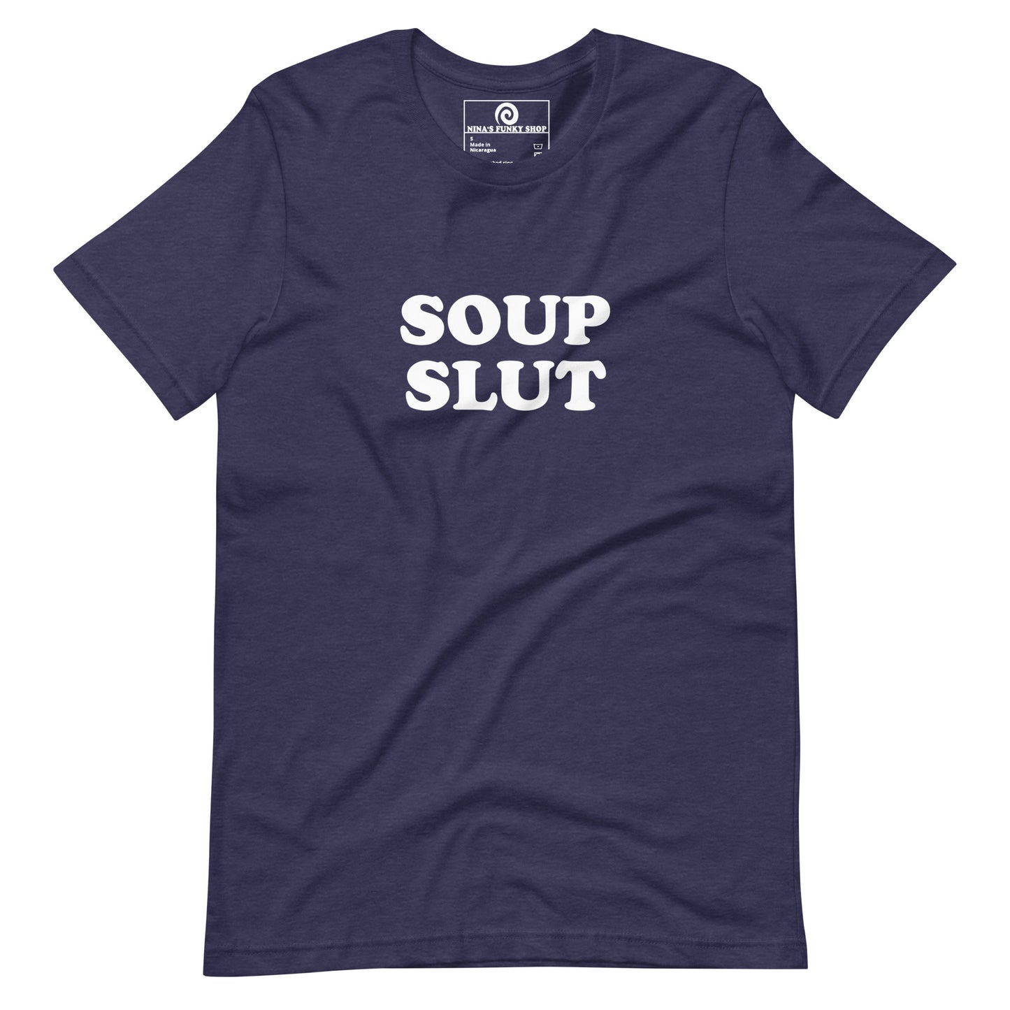 Navy soup slut t-shirt - Are you slut for soup? Looking for a funny gift for a foodie? Our Soup Slut T-shirt is just what you need. It's a soft and comfortable shirt with "Soup Slut", expertly printed on the front. The perfect tee for soup lovers and foodies of all kinds.