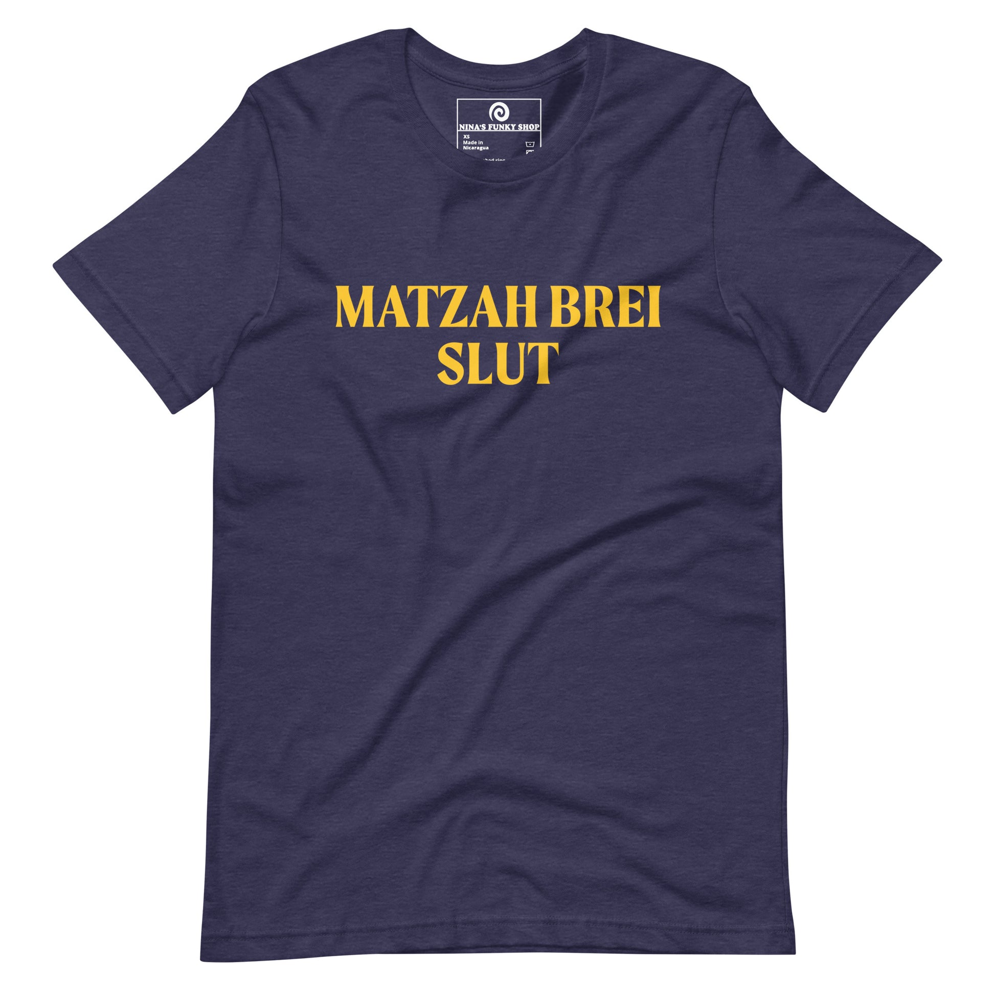 Navy Matzah Brei Slut - Love matzah brei? Looking for a funny Passover gift? Our Matzah Brei T-shirt is soft, comfortable and just what you need. It's a comfortable, unisex t-shirt that comes in a variety of colors with "Matzah Brei Slut", expertly printed on the front. A funny t-shirt for Passover and for matzah lovers and haters of all kinds.