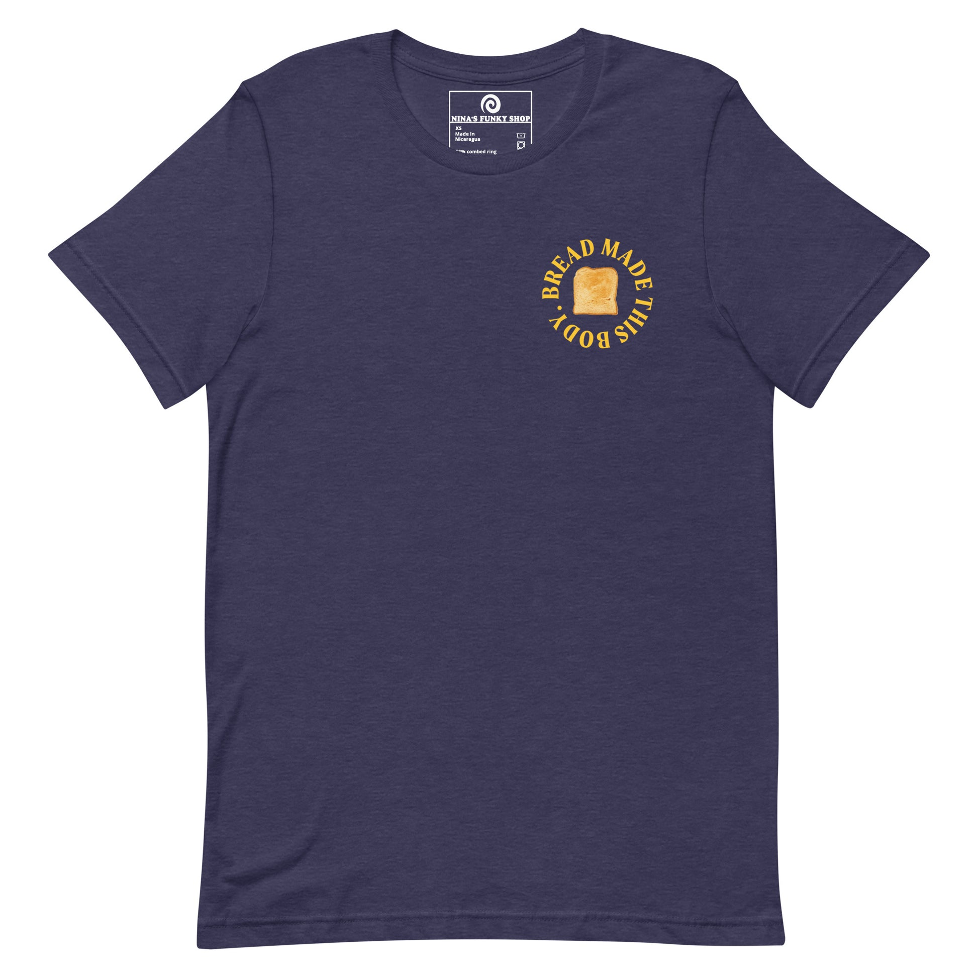 Navy Bread T-Shirt - Love bread? Looking for a funny gift for bread enthusiast? Our Bread Made This Body T-shirt is soft, comfortable and just what you need. It's a unisex t-shirt that comes in a variety of colors with a funny food saying, expertly printed on the front and back. A unique t-shirt for bread lovers and foodies of all kinds. Celebrate your favorite foods in our funky foodie t-shirts and apparel..