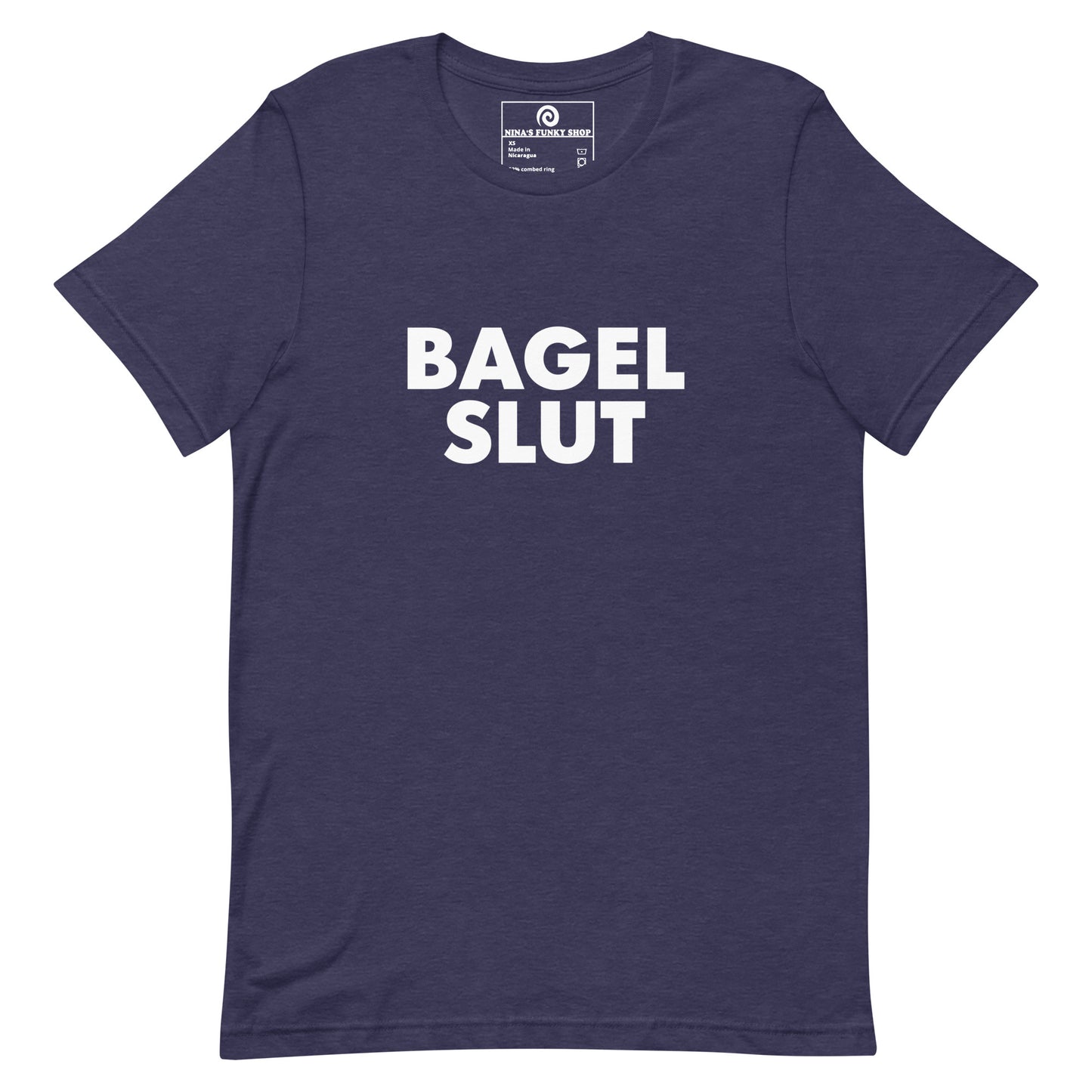 Navy Bagel Slut T-Shirt - Our Bagel Slut T-shirt is soft, comfortable and just what you need. It's a unisex t-shirt that comes in a variety of colors with a funny foodie design, expertly printed on the front. Stand out in our sarcastic t-shirts and celebrate your favorite foods in our funky foodie apparel. Designed by Nina and made just for you! Looking for something personalized? Shoot us an email!