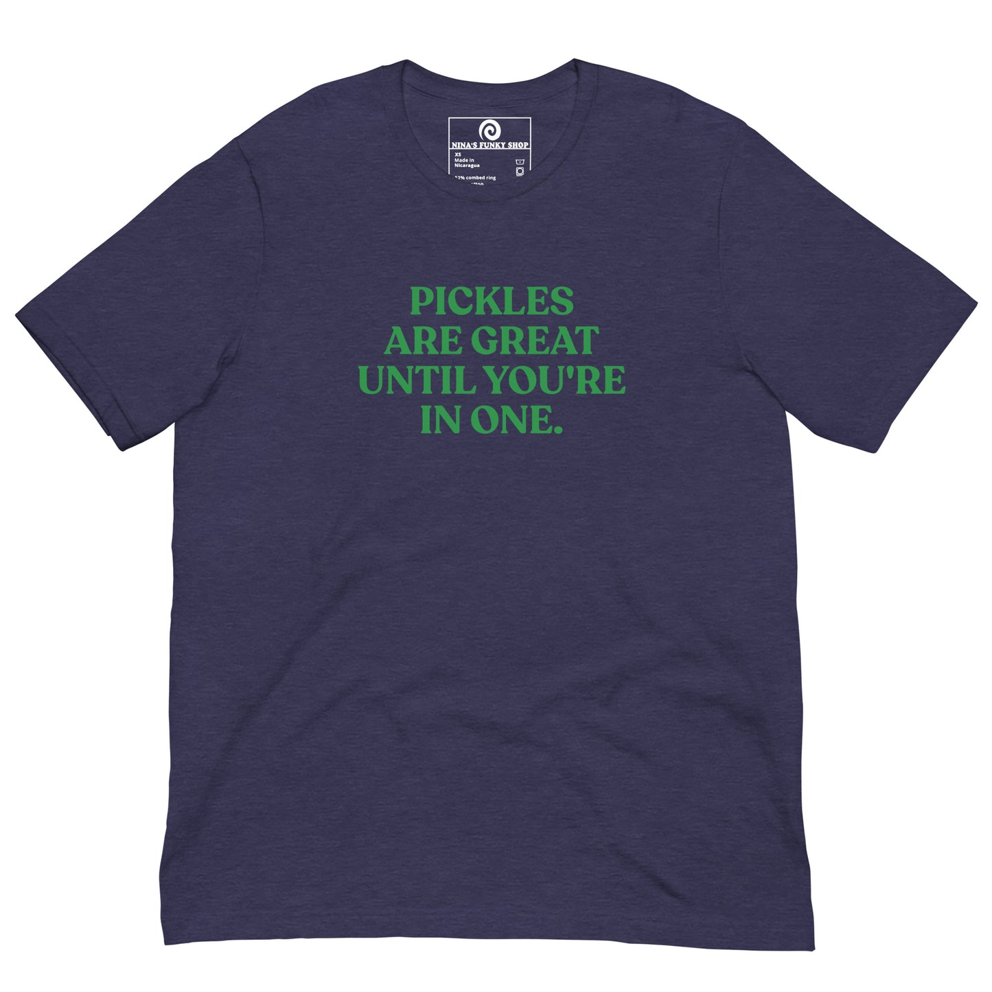 Navy Pickle Saying Shirt - This funny pickle t-shirt is soft, comfortable and made just for you. It comes in a variety of colors with a pickle saying, expertly printed on the front. Eat pickles in style or give this pickle shirt as a gift for a pickle enthusiast!