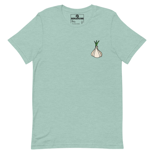 Green garlic t-shirt from Nina's Funky Shop by ninanush - Calling all garlic lovers! This classic cotton tee comes in a variety of colors with a head of garlic expertly printed on the front. It's a unique garlic lover graphic tee that stands out and makes the perfect funky shirt for garlic enthusiasts. Eat garlic in style and make a statement in our funny foodie clothing and accessories.