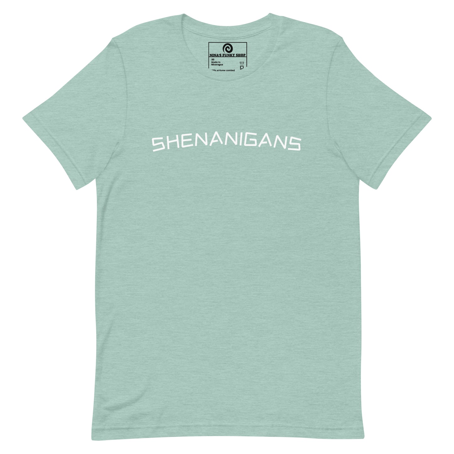 Heather Dusty Blue Shenanigans T-shirt - This shenanigans t-shirt is soft, comfortable and made just for you. Looking for something more personalized? Shoot us an email! Shop Nina's for funky apparel for foodies and beyond.