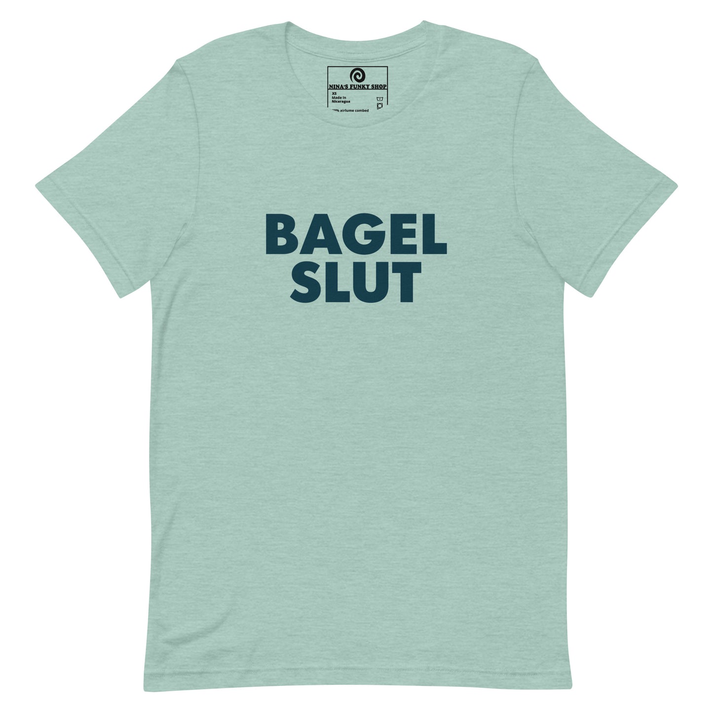 Green Bagel Slut T-Shirt - Our Bagel Slut T-shirt is soft, comfortable and just what you need. It's a unisex t-shirt that comes in a variety of colors with a funny foodie design, expertly printed on the front. Stand out in our sarcastic t-shirts and celebrate your favorite foods in our funky foodie apparel. Designed by Nina and made just for you! Looking for something personalized? Shoot us an email!