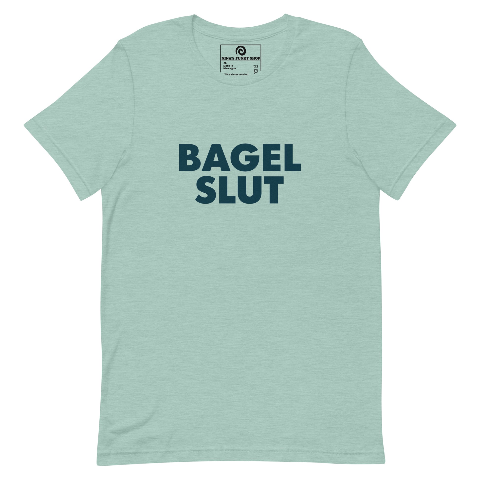 Green Bagel Slut T-Shirt - Our Bagel Slut T-shirt is soft, comfortable and just what you need. It's a unisex t-shirt that comes in a variety of colors with a funny foodie design, expertly printed on the front. Stand out in our sarcastic t-shirts and celebrate your favorite foods in our funky foodie apparel. Designed by Nina and made just for you! Looking for something personalized? Shoot us an email!