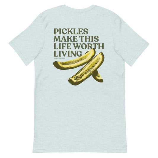 Light Blue Pickles T-shirt - What makes your life worth living? If the answer is pickles...this funky pickles t-shirt is just what you need! Our Pickles Make This Life Worth Living T-shirt is soft, comfortable and comes in a variety of colors with a unique pickle design, expertly printed on the front and back. A funny foodie t-shirt for pickles lovers and foodies of all kinds. 