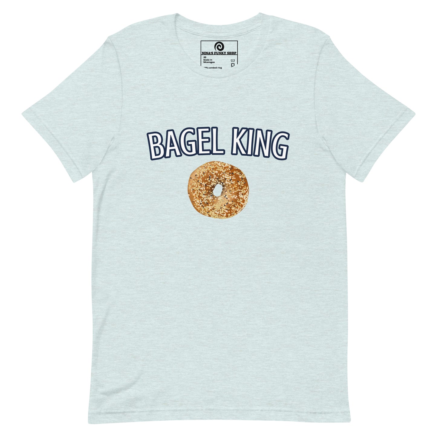 Light Ice Blue Everything Bagel T-shirt - Calling all bagel kings and queens! Looking for your new favorite shirt? A Gift for a fellow bagel enthusiast? This bagel t-shirt comes in a variety of colors with "bagel king" and a hand drawn everything bagel design, on the front. The perfect graphic tee for bagel lovers and foodies of all kinds.