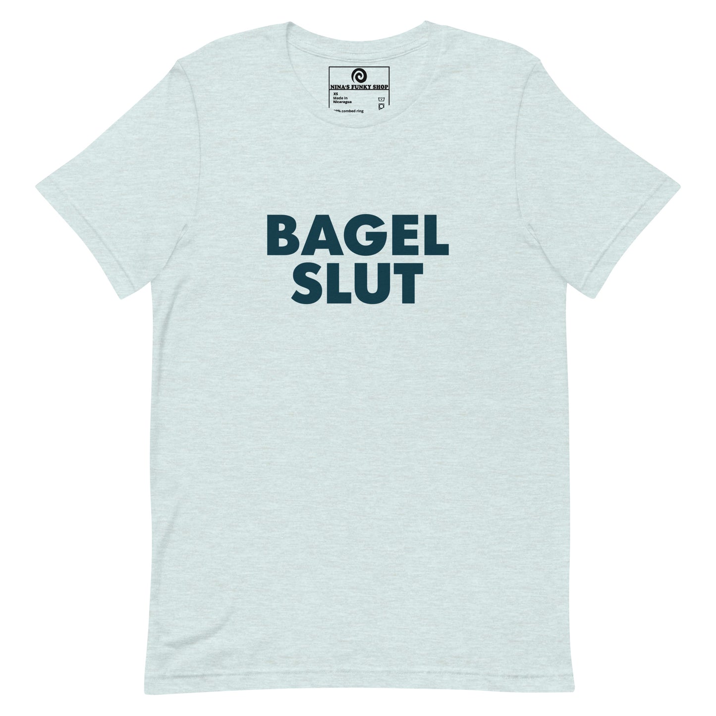 Ice Light Blue Bagel Slut T-Shirt - Our Bagel Slut T-shirt is soft, comfortable and just what you need. It's a unisex t-shirt that comes in a variety of colors with a funny foodie design, expertly printed on the front. Stand out in our sarcastic t-shirts and celebrate your favorite foods in our funky foodie apparel. Designed by Nina and made just for you! Looking for something personalized? Shoot us an email!