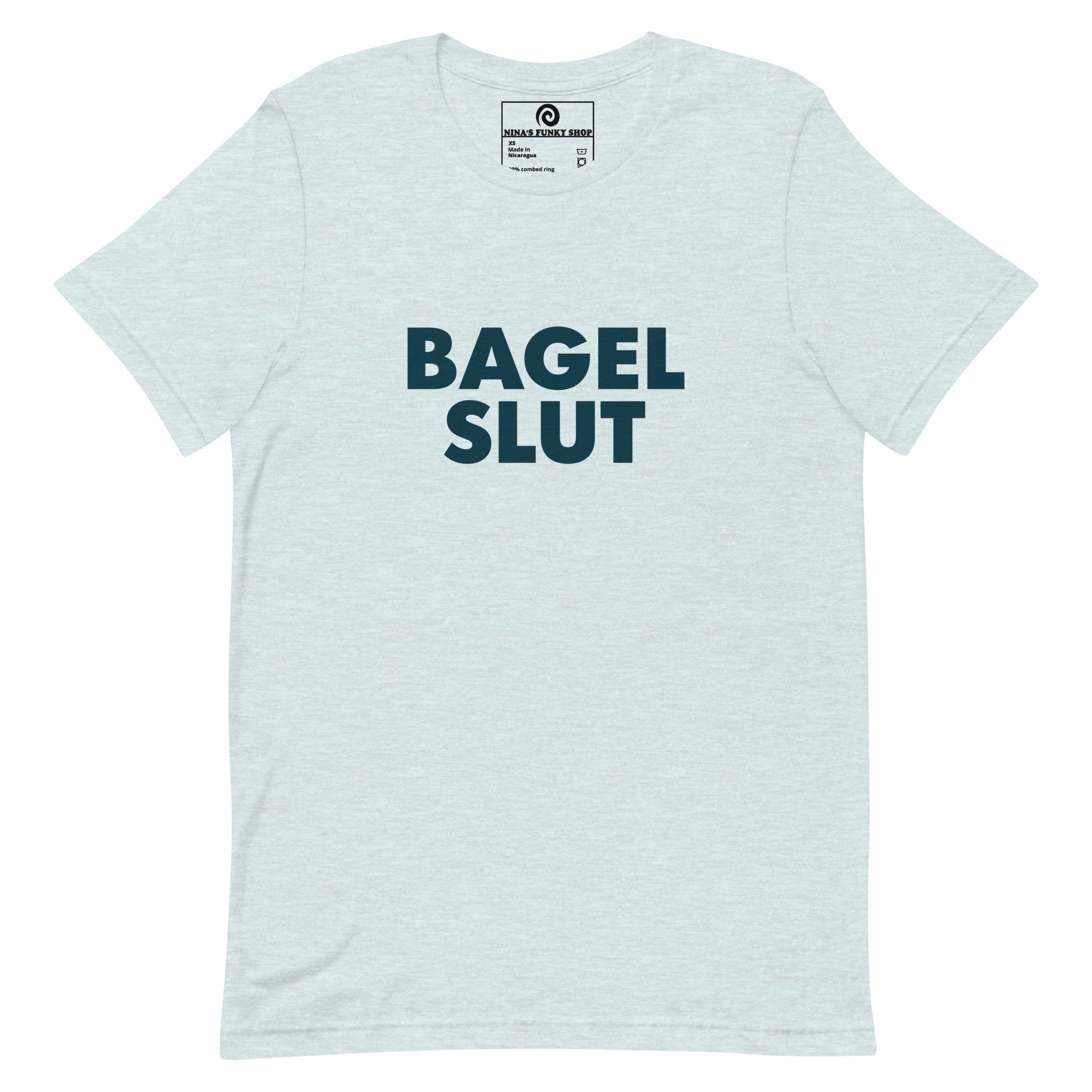 Ice Light Blue Bagel Slut T-Shirt - Our Bagel Slut T-shirt is soft, comfortable and just what you need. It's a unisex t-shirt that comes in a variety of colors with a funny foodie design, expertly printed on the front. Stand out in our sarcastic t-shirts and celebrate your favorite foods in our funky foodie apparel. Designed by Nina and made just for you! Looking for something personalized? Shoot us an email!