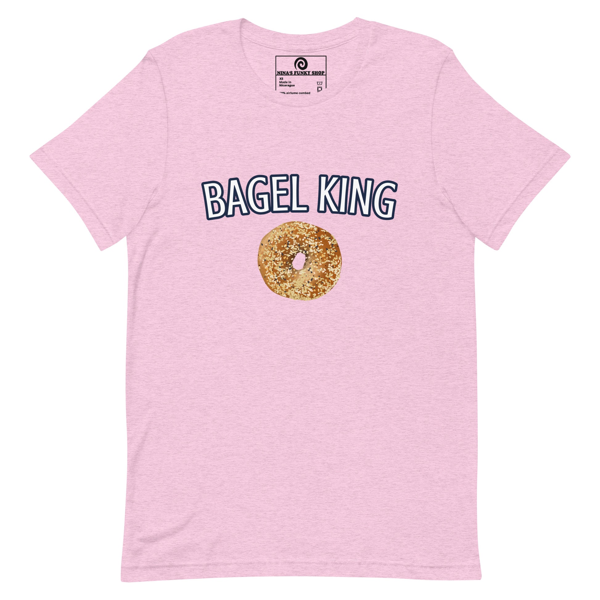 Bagel King Pink Everything Bagel T-shirt - Calling all bagel kings and queens! Looking for your new favorite shirt? A Gift for a fellow bagel enthusiast? This bagel t-shirt comes in a variety of colors with "bagel king" and a hand drawn everything bagel design, on the front. The perfect graphic tee for bagel lovers and foodies of all kinds.