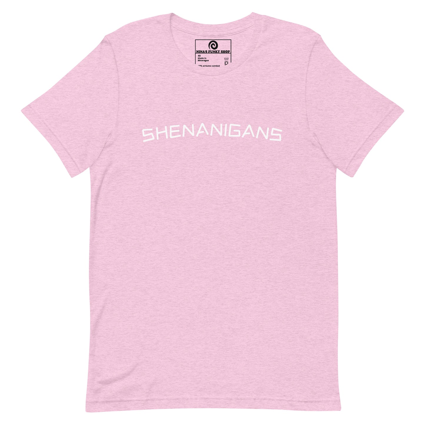 Heather Pink Shenanigans T-shirt - This shenanigans t-shirt is soft, comfortable and made just for you. Looking for something more personalized? Shoot us an email! Shop Nina's for funky apparel for foodies and beyond.