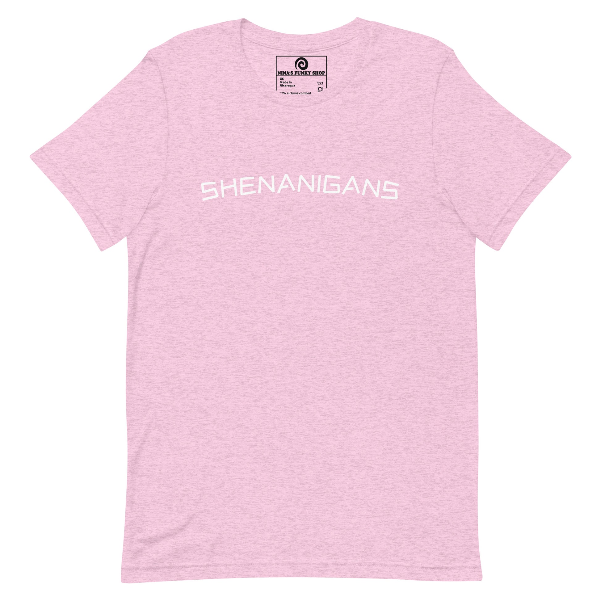 Heather Pink Shenanigans T-shirt - This shenanigans t-shirt is soft, comfortable and made just for you. Looking for something more personalized? Shoot us an email! Shop Nina's for funky apparel for foodies and beyond.