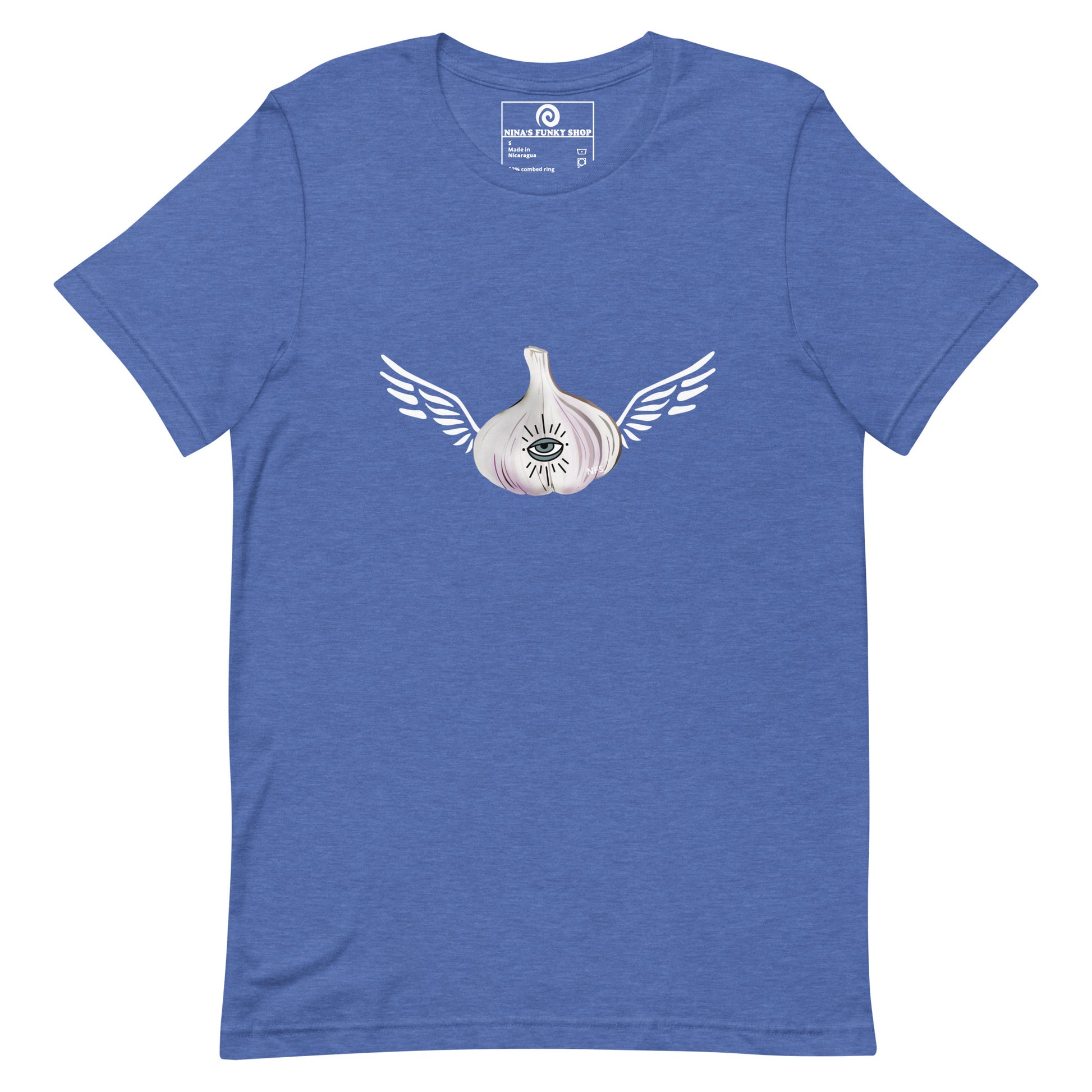 Blue Garlic T-shirt - Do you love garlic? Looking for a gift for your favorite garlic enthusiast? This Angel Garlic T-shirt is just what you need! It's a soft and comfortable tee with a funky hand drawn garlic design, expertly printed on the front. Celebrate your favorite foods in our funky foodie clothing, designed by Nina and made just for you. 