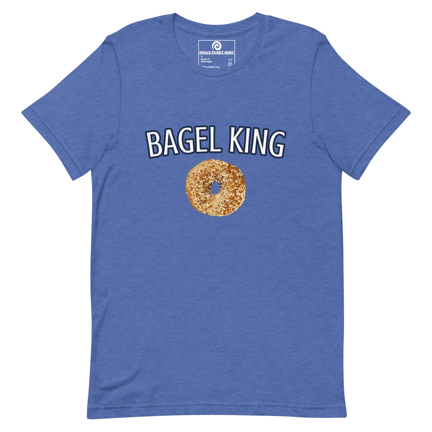 Blue Everything Bagel T-shirt - Calling all bagel kings and queens! Looking for your new favorite shirt? A Gift for a fellow bagel enthusiast? This bagel t-shirt comes in a variety of colors with "bagel king" and a hand drawn everything bagel design, on the front. The perfect graphic tee for bagel lovers and foodies of all kinds.