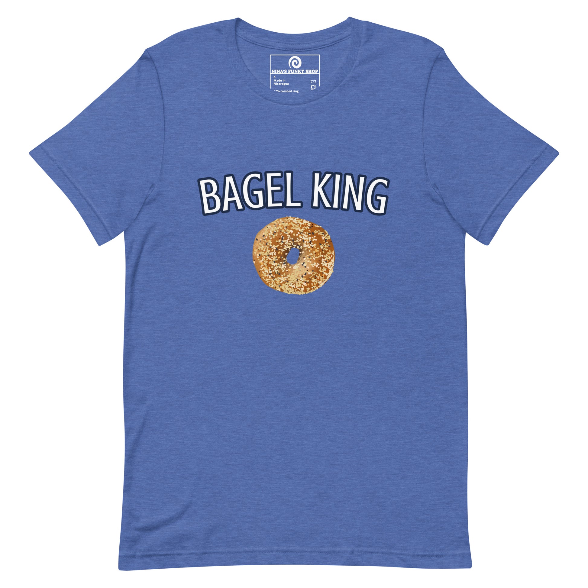 Blue Everything Bagel T-shirt - Calling all bagel kings and queens! Looking for your new favorite shirt? A Gift for a fellow bagel enthusiast? This bagel t-shirt comes in a variety of colors with "bagel king" and a hand drawn everything bagel design, on the front. The perfect graphic tee for bagel lovers and foodies of all kinds.